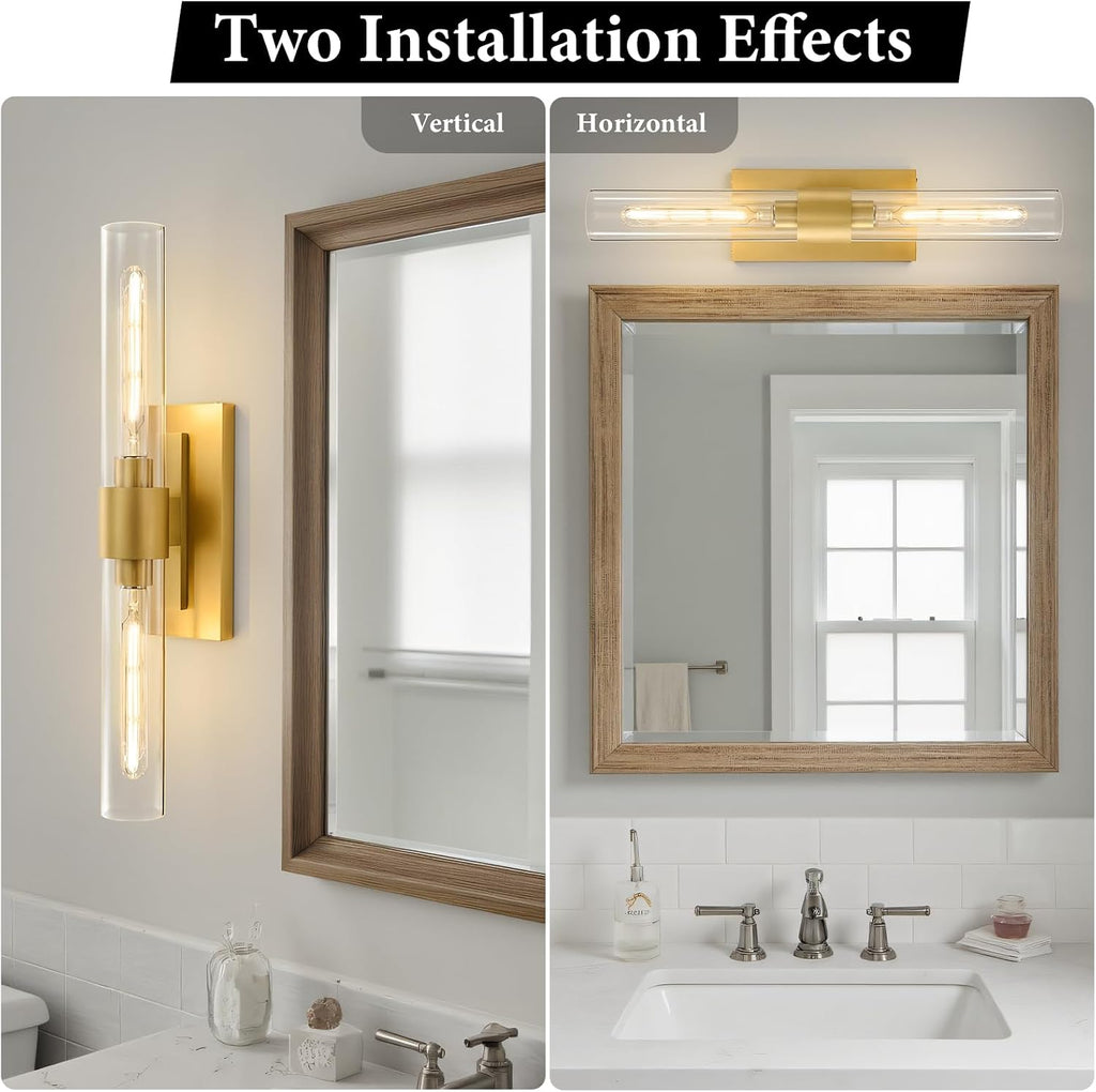 Champagne Brass Bathroom Wall Sconce - Set of 2 Modern Gold Light Sconces - Clear Glass Tube Vanity Lights - Vertical or Horizontal Mounted Dimmable Lighting Fixtures for Indoor Living Room Hallway