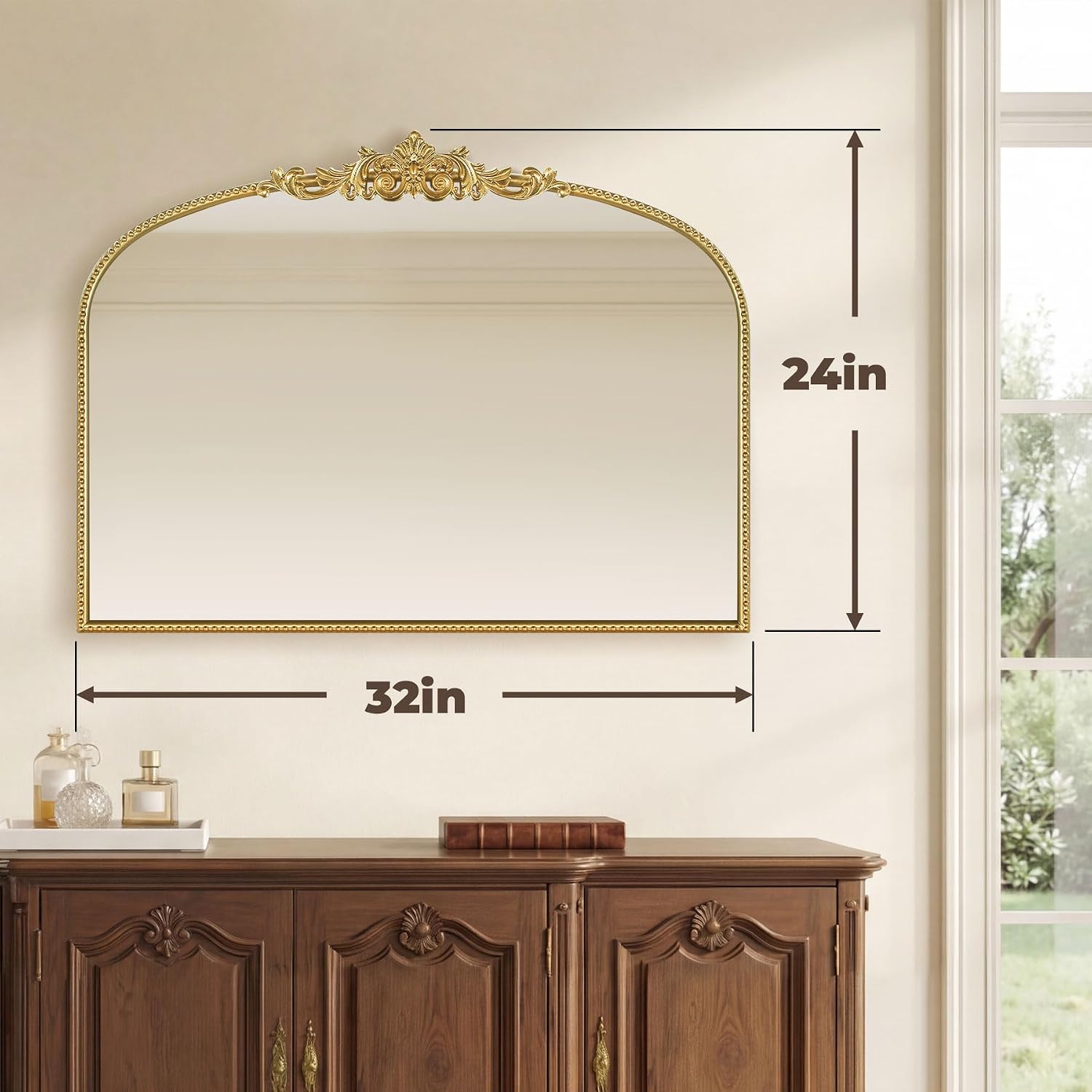 Gold Vintage Mirror 32x24 Inch, Laurel Leaf Ornate Beaded Frame Decorative Vanity Mirror, Antique Style Horizontal Bathroom Mirror for Living Room, Entryway，Dresser, Mantle