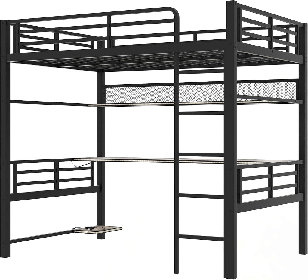 Ball & Cast Modern Full Size Loft Bed with Storage Shelve & LED Light,Metal Bedframe W/Built-in Desk & Computer Host Shelf,Space Saving,Child's and Adults' Bedroom Furniture for Studying Working,Black