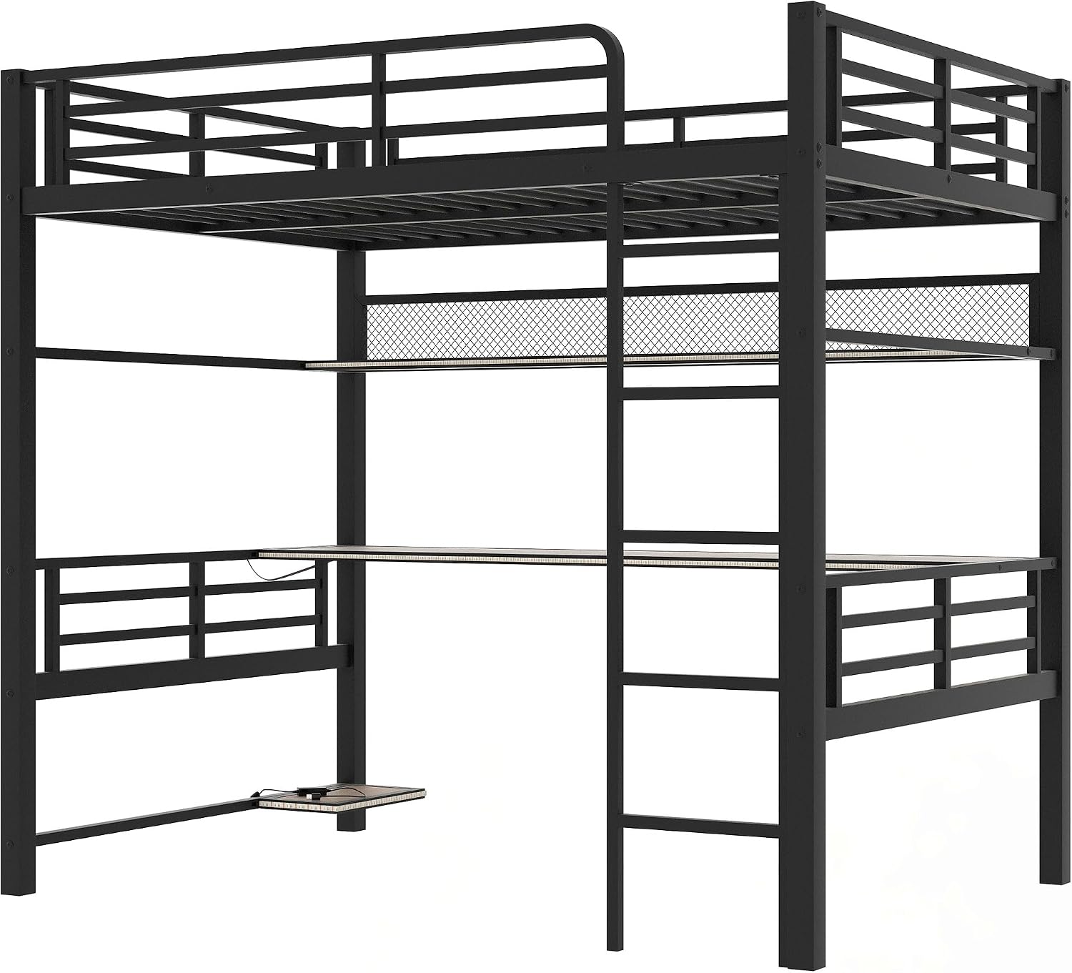 Ball & Cast Modern Full Size Loft Bed with Storage Shelve & LED Light,Metal Bedframe W/Built-in Desk & Computer Host Shelf,Space Saving,Child's and Adults' Bedroom Furniture for Studying Working,Black
