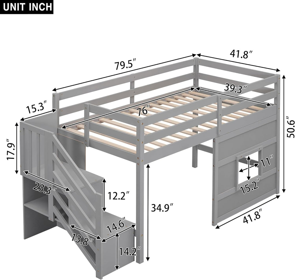 Harper & Bright Designs Low Loft Bed Twin Size with Stairs and Storage Shelves for Saving Space, Wood Loft Bed Frame with Window, Grey
