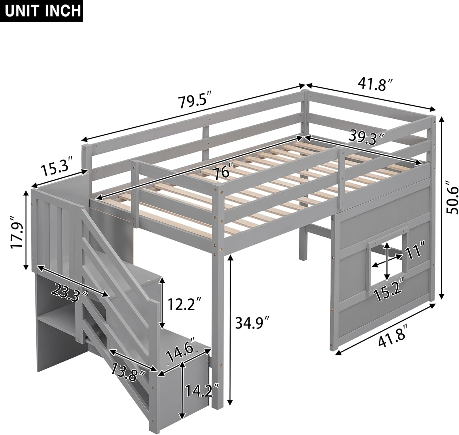 Harper & Bright Designs Low Loft Bed Twin Size with Stairs and Storage Shelves for Saving Space, Wood Loft Bed Frame with Window, Grey