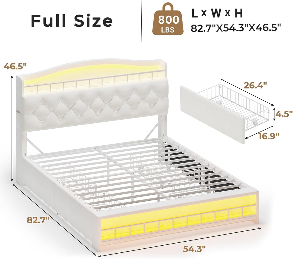 HAUOMS Full Size Bed Frame with LED Lights & 4 Drawers, Princess Velvet Upholstered Platform Bed for Girls, Headboard with Charging Station & Guardrail & Crystal Button, No Box Spring Needed, Beige