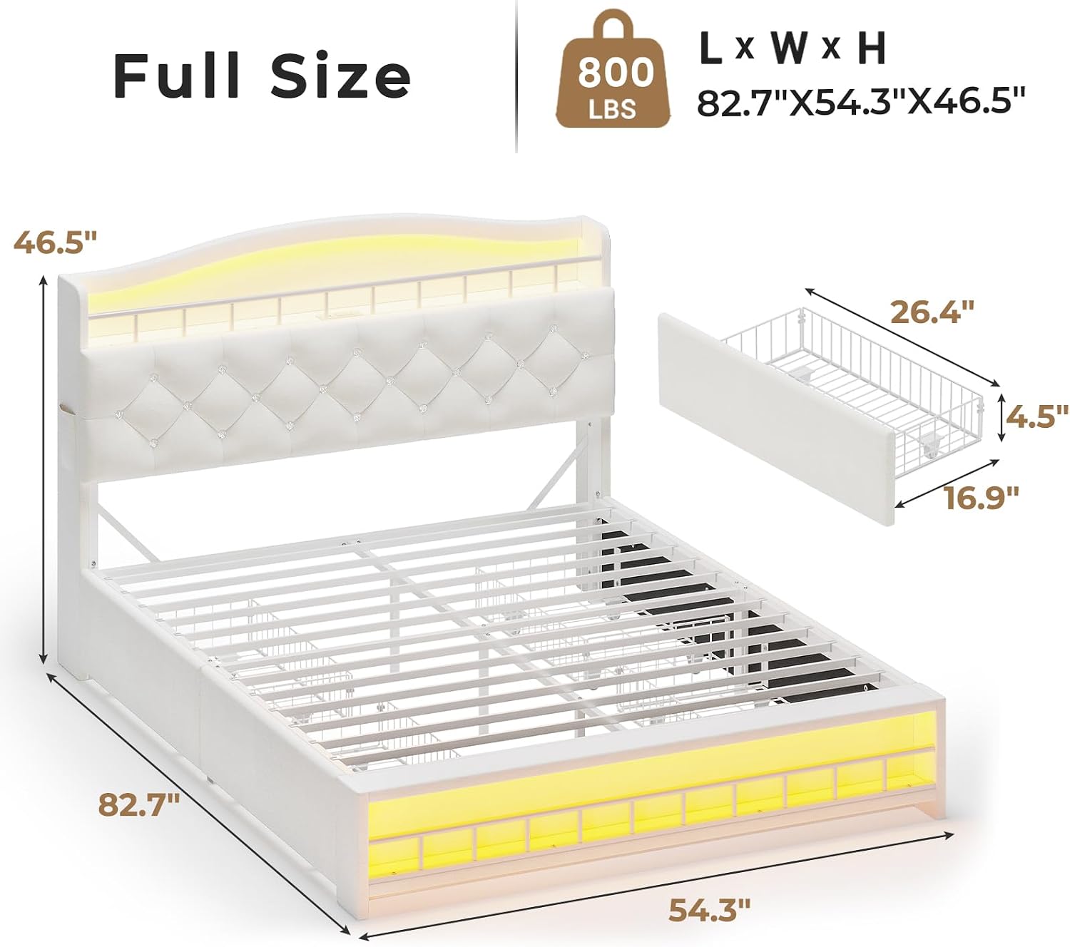 HAUOMS Full Size Bed Frame with LED Lights & 4 Drawers, Princess Velvet Upholstered Platform Bed for Girls, Headboard with Charging Station & Guardrail & Crystal Button, No Box Spring Needed, Beige