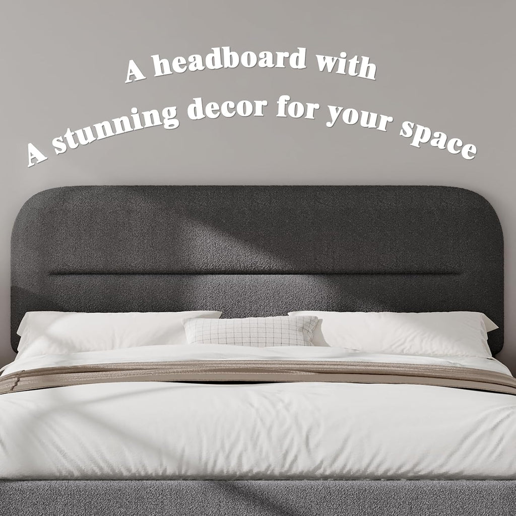 HOMBCK Full Size Boucle Bed Frame, Soft Upholstered Bed Frame with Headboard, Thickened Footboard, Rounded Corners, No Box Spring Needed, Easy Assembly, Grey