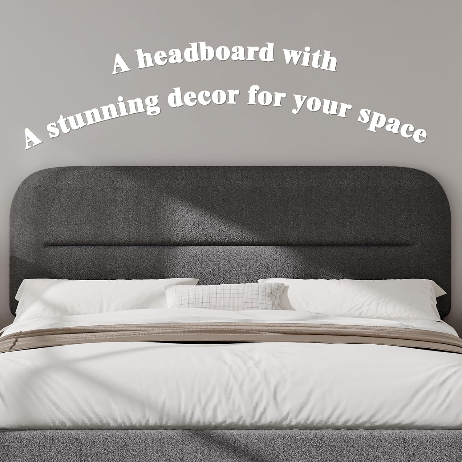HOMBCK Full Size Boucle Bed Frame, Soft Upholstered Bed Frame with Headboard, Thickened Footboard, Rounded Corners, No Box Spring Needed, Easy Assembly, Grey