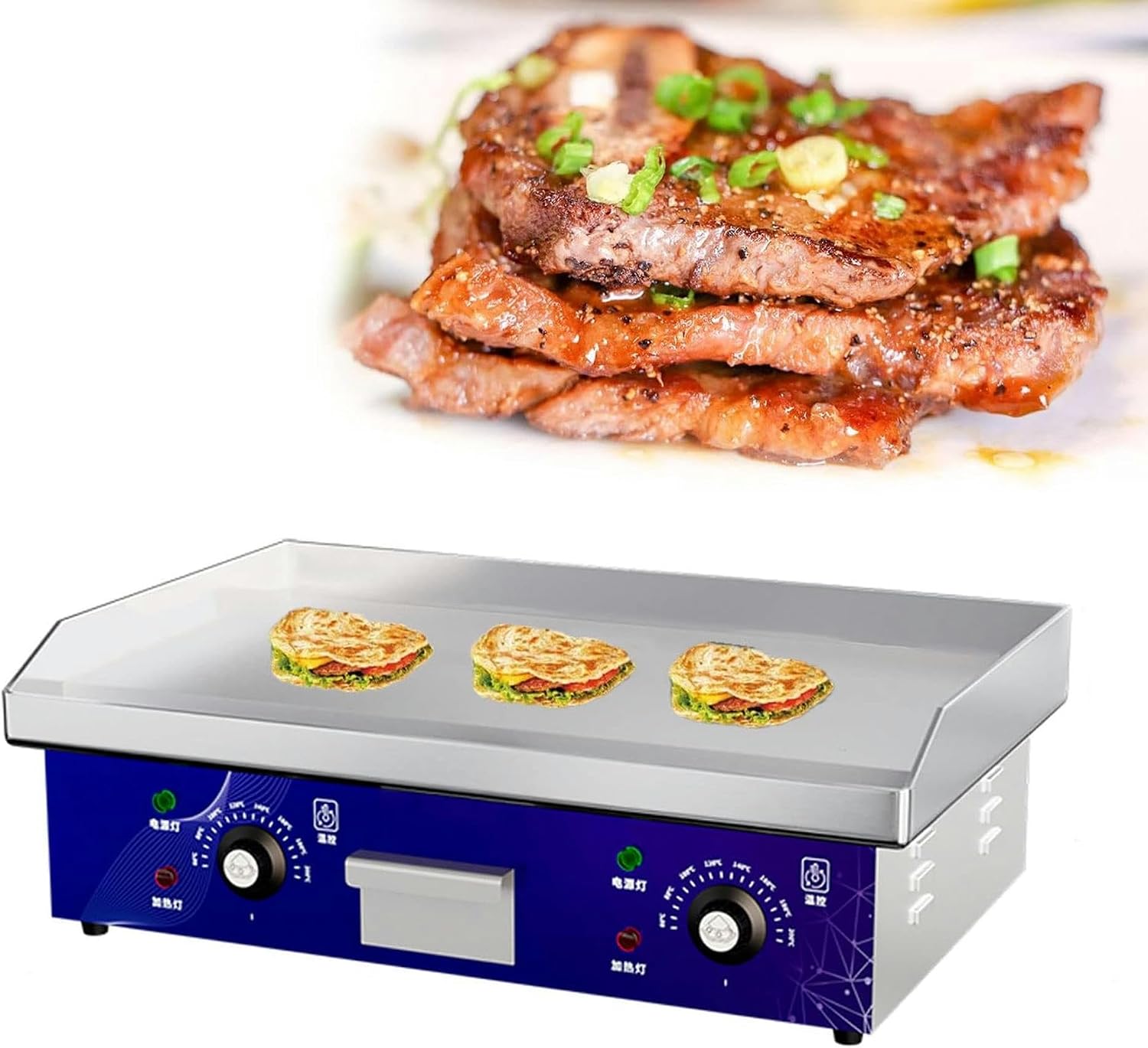 220V 4400W Commercial Electric Griddle, Electric Countertop Flat Top Griddle, Non-Stick Stainless Steel Restaurant Grill with Adjustable Temperature 122°F-572°F for Kitchen Restaurant