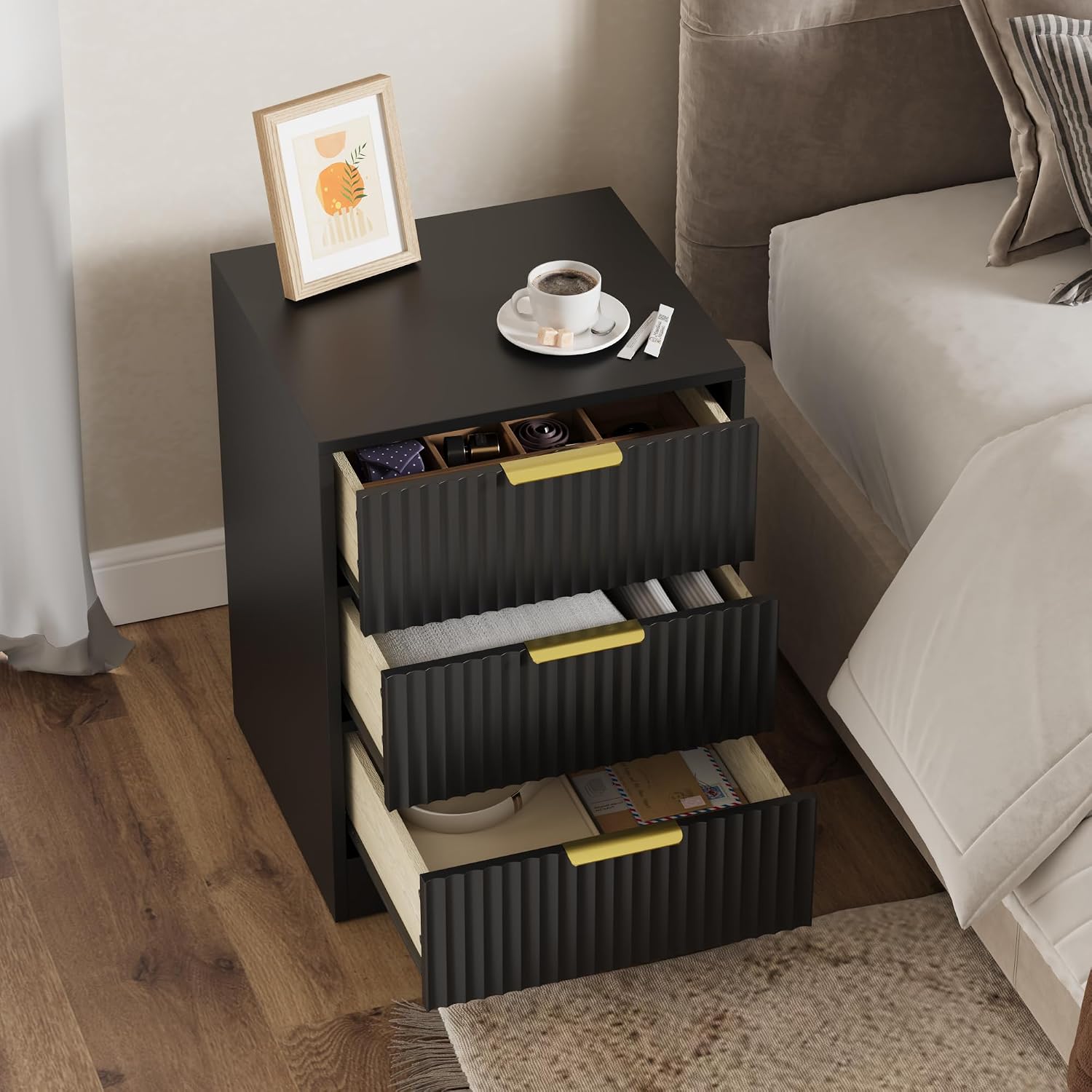 3-Piece Modern Bedroom Furniture Set, Wide 6-Drawer Dresser & 3-Drawer Nightstands Set of 2, Natural Wood Dresser and Nightstand Sets for Bedroom, Hallway, Black