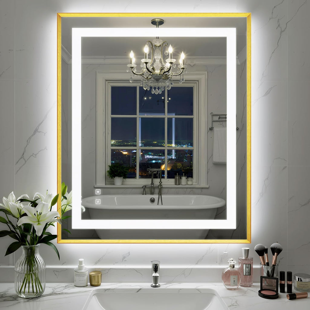 30X36 Inch LED Bathroom Mirror with Lights, Gold Frame Frontlit+ Backlit Bathroom Vanity Mirror for Wall, Ultra-Clear Tempered Glass, Shatter-Proof, Anti-Fog and Memory Function, ETL Listed