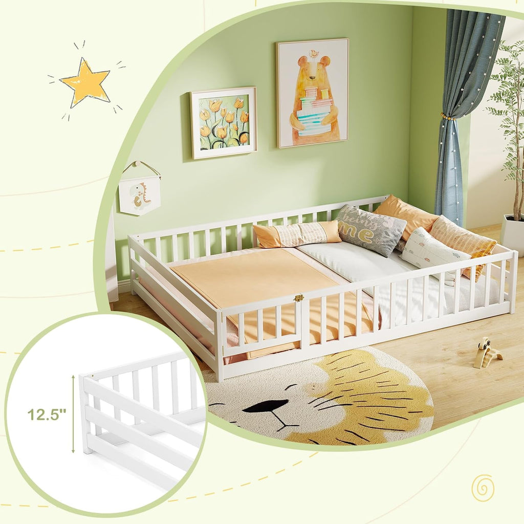 KOMFOTT Full Size Wood Floor Bed with Door & Fence, Montessori Bed Frame with Full Length Safety Guardrails, Door & Latch, Wooden Montessori Floor Bed for Kids, Girls, Boys (Full,White)