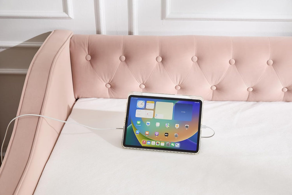 Twin to King Daybed with Trundle, USB Ports Soft Upholstered Daybed with Pop Up Trundle Bed Twin, Modern Extendable Day Bed Frame for Girls Bedroom Living Room Guest Room Small Places Blush Pink