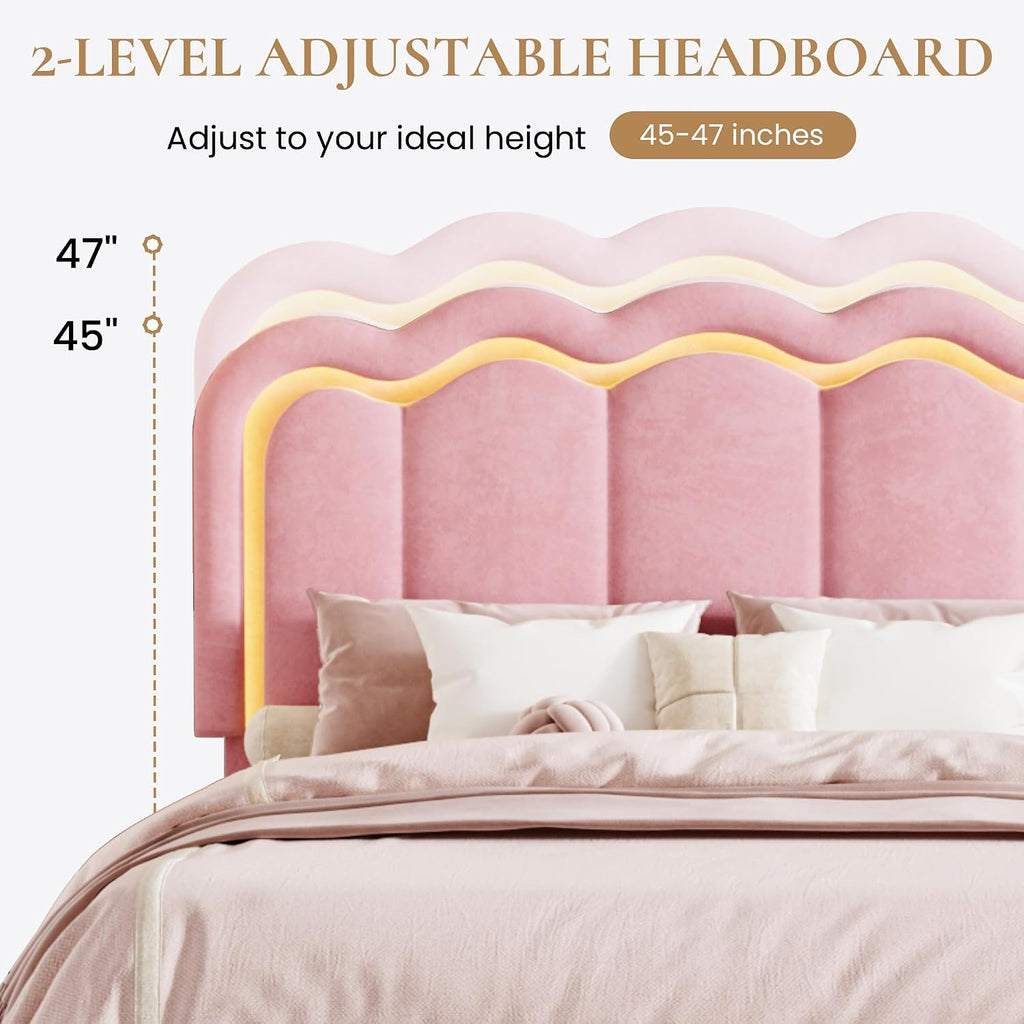 SHA CERLIN Upholstered Queen Size Bed Frame with LED Lights and Large Storage Drawer, Velvet Platform Bed with Adjustable Wavy Headboard, Noise Free, Easy Assembly, No Box Spring Needed, Soft Pink