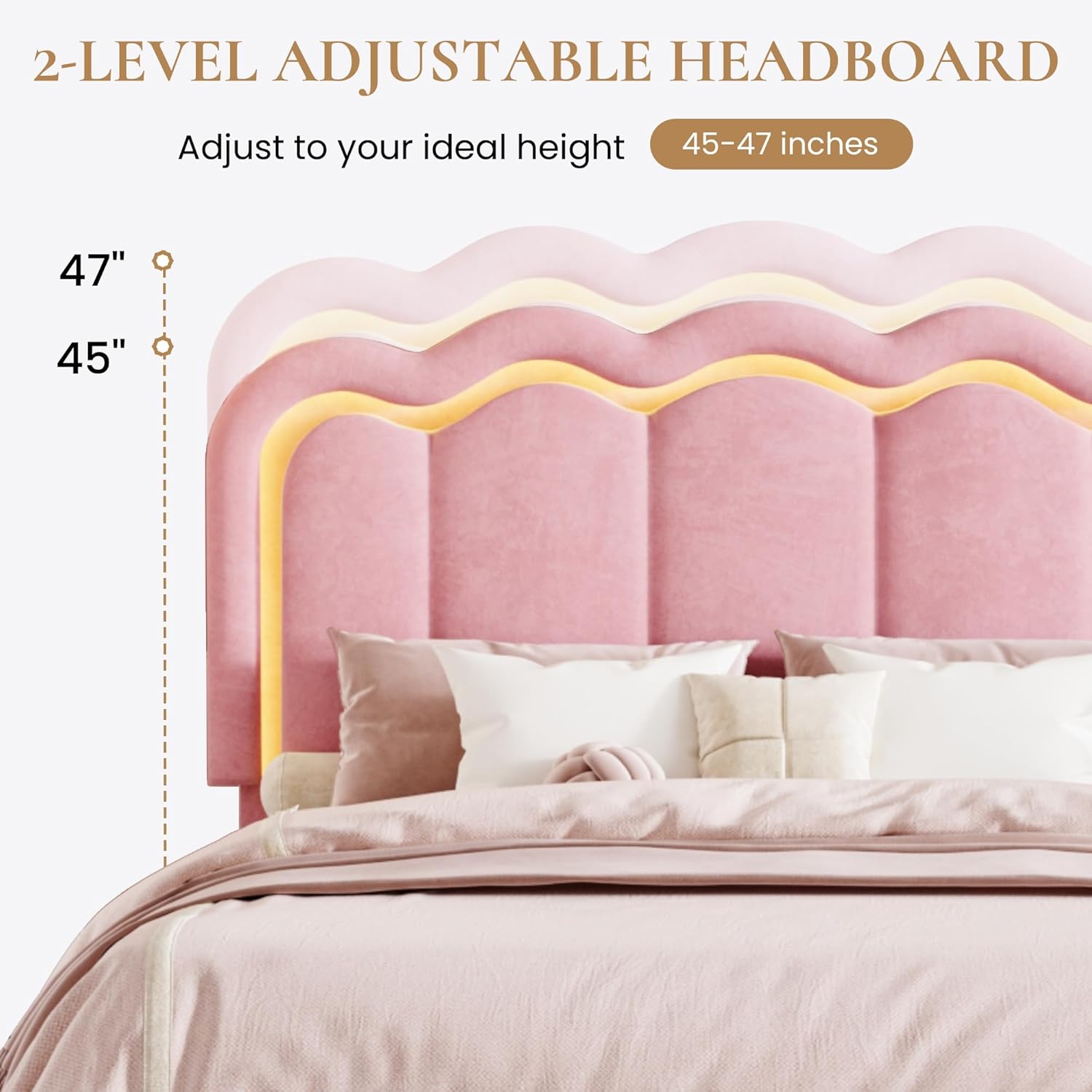 SHA CERLIN Upholstered Full Size Bed Frame with LED Lights and Large Storage Drawer, Velvet Platform Bed with Adjustable Wavy Headboard, Noise Free, Easy Assembly, No Box Spring Needed, Soft Pink
