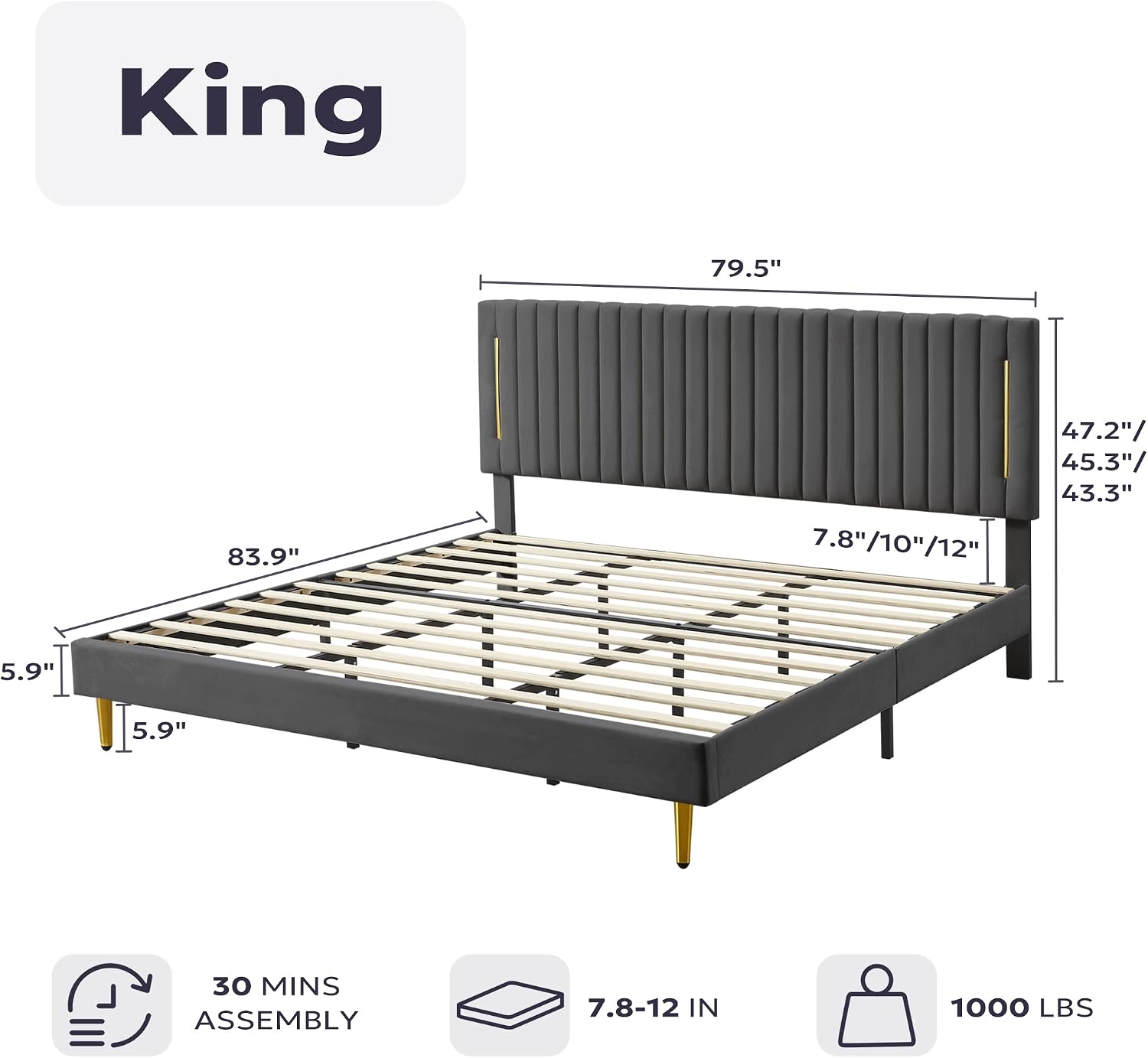 Furnify King Platform Bed Frame, Velvet Upholstered Bedframe with Vertical Channel Adjustable Headboard, Golden Plating Trim, Mattress Foundation with Wooden Slats, No Box Spring Needed, Grey
