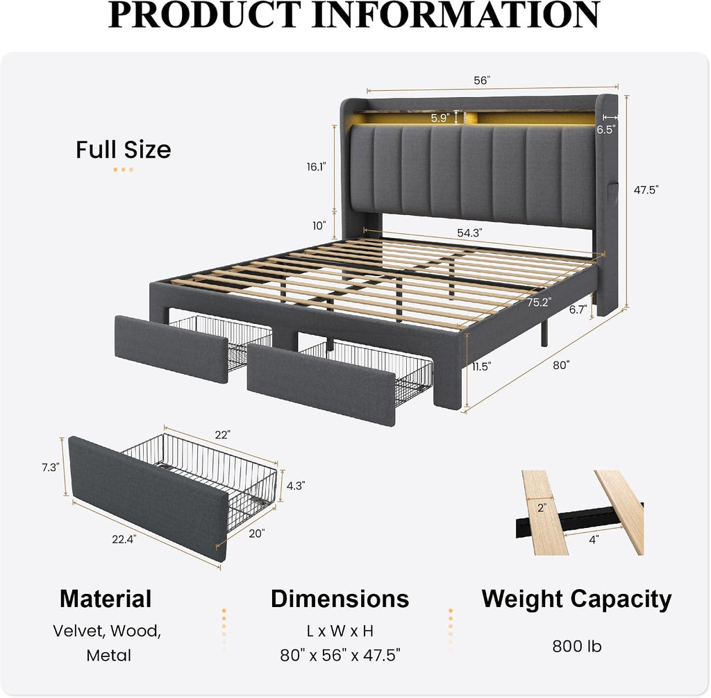 SHA CERLIN Full Size Platform Bed Frame with Vertical Channel Tufted Wingback Headboard & 2 Storage Drawers/2-Tier Shelves with LED Lights & Charging Station/Noise-Free/No Box Spring Needed/Dark Grey