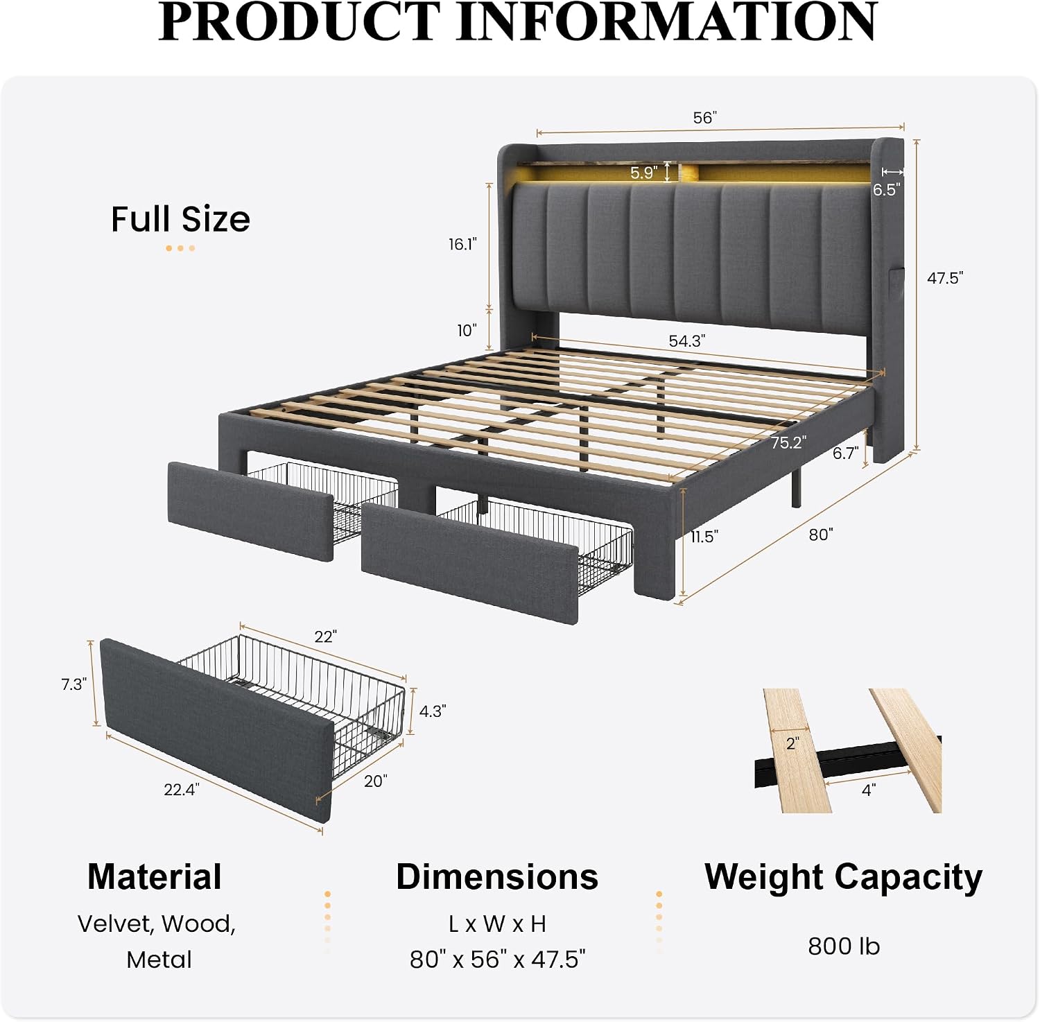 SHA CERLIN Full Size Platform Bed Frame with Vertical Channel Tufted Wingback Headboard & 2 Storage Drawers/2-Tier Shelves with LED Lights & Charging Station/Noise-Free/No Box Spring Needed/Dark Grey
