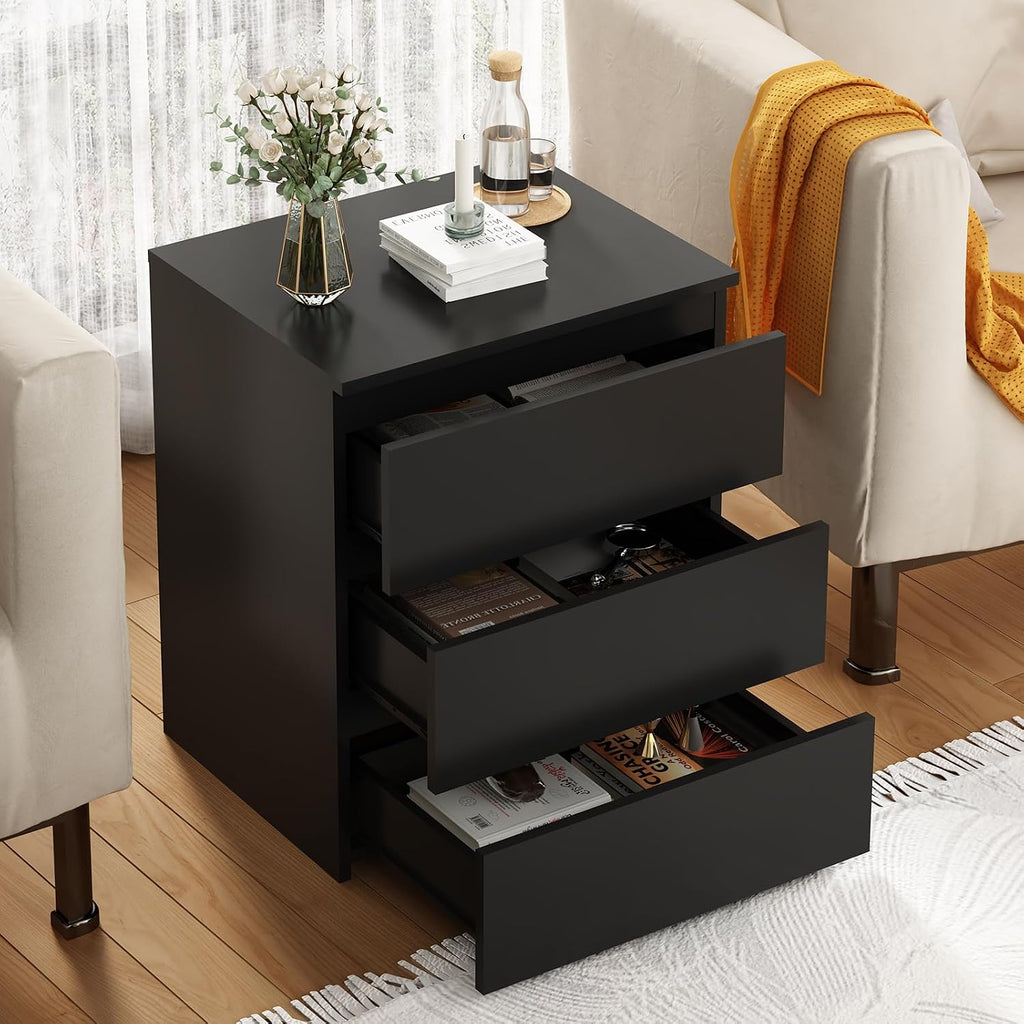 3 Drawer Nightstand & Side Storage Table, Minimalist Modern Black Bedside End Tables with Ample Storage, Versatile Wooden Chest of Drawers for Bedroom, Living Room, Offices (Set of 2)