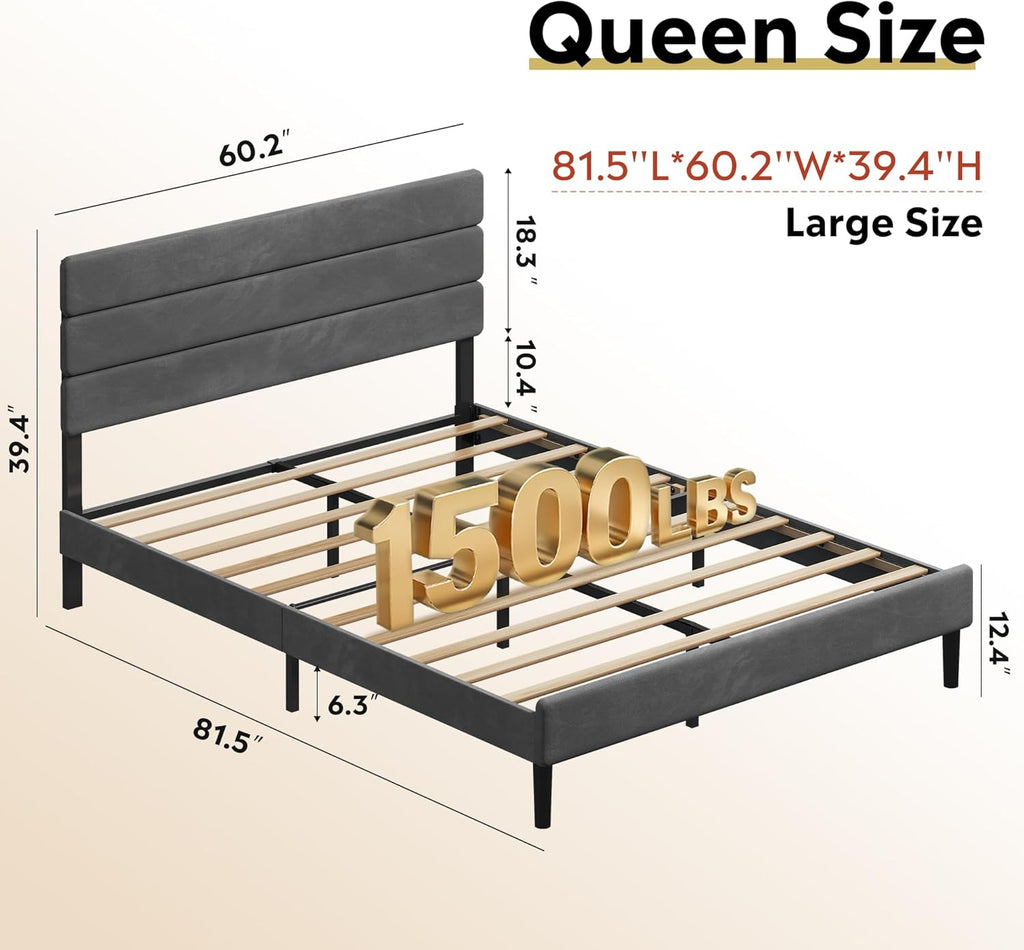 WLIVE Upholstered Bed Frame, Queen Bed Frame with Headboard, Platform Bed with Wood Slats, 1500LBS Mattress Foundation, No Box Spring Needed, Easy Assembly, Velvet Grey