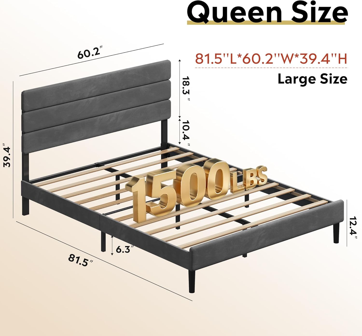WLIVE Upholstered Bed Frame, Queen Bed Frame with Headboard, Platform Bed with Wood Slats, 1500LBS Mattress Foundation, No Box Spring Needed, Easy Assembly, Velvet Grey