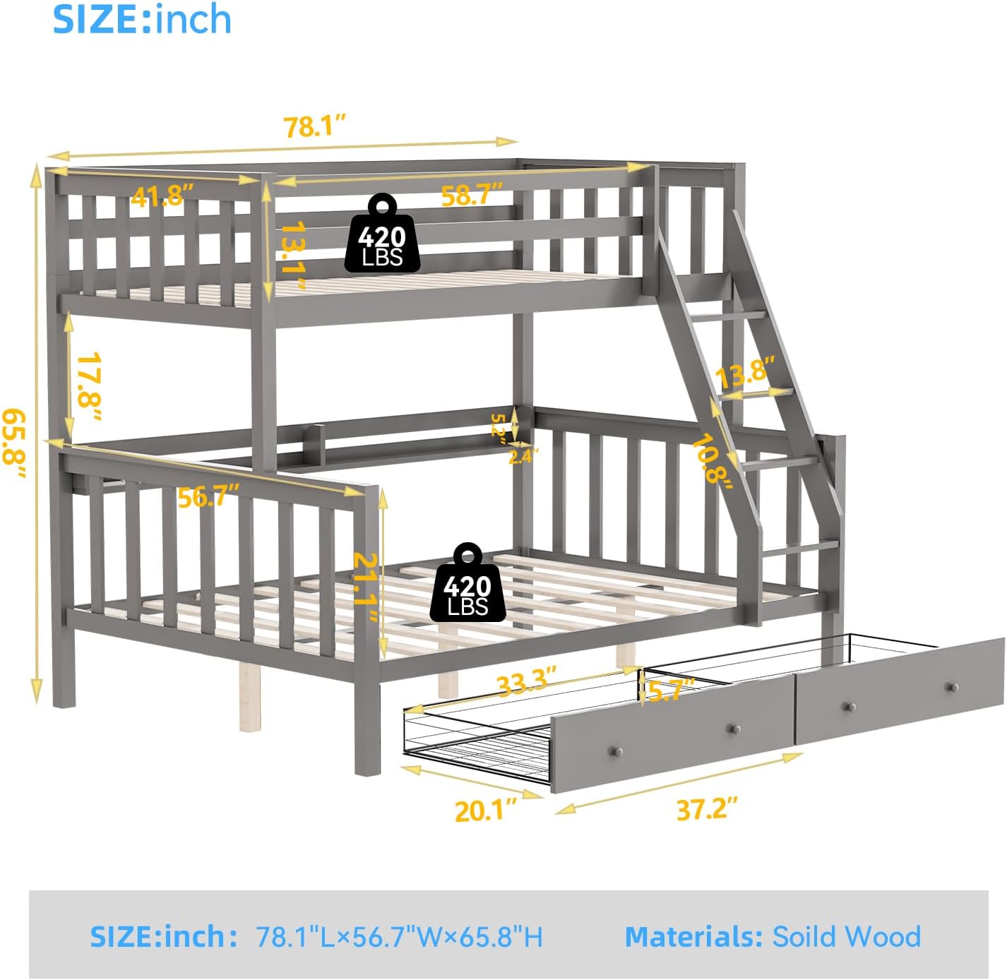 FJTJBSI Solid Wood Bunk Bed with Charging Station and LED Lights Detachable Bunk Bed Twin Over Twin with 2 Storage Drawers Full Size Bed Frame with Guardrail and Ladder for Kids Adults Bedroom