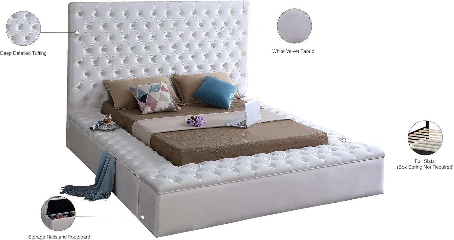Meridian Furniture Bliss Collection Modern | Contemporary Velvet Upholstered Bed with Deep Button Tufting and Storage Compartments in Rails and Footboard, White, Queen