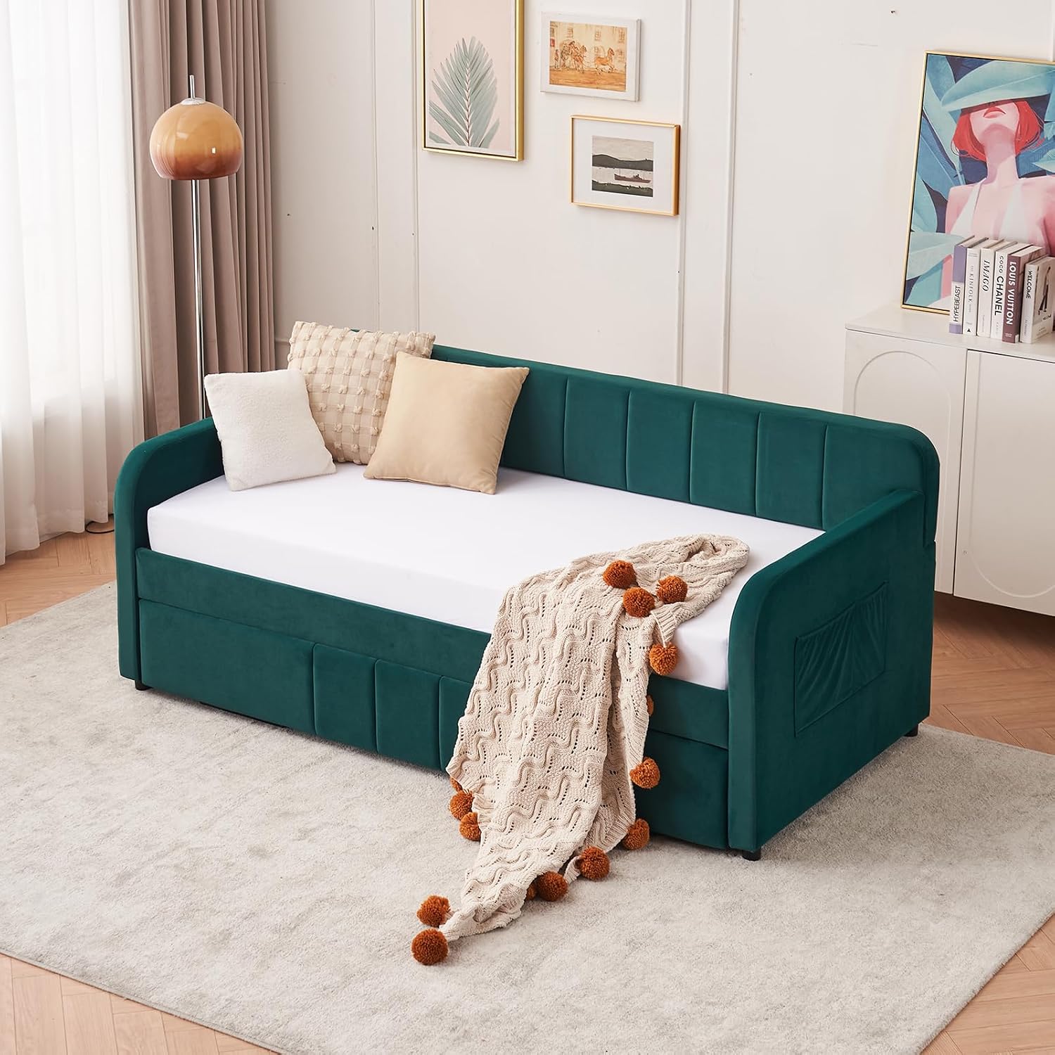 Twin to King Daybed with Trundle, USB Ports, Velvet Upholstered Daybed with Pop Up Trundle Bed, Modern Extendable Day Bed Frame for Kid Adult Bedroom Living Room Guest Room Small Places Emerald