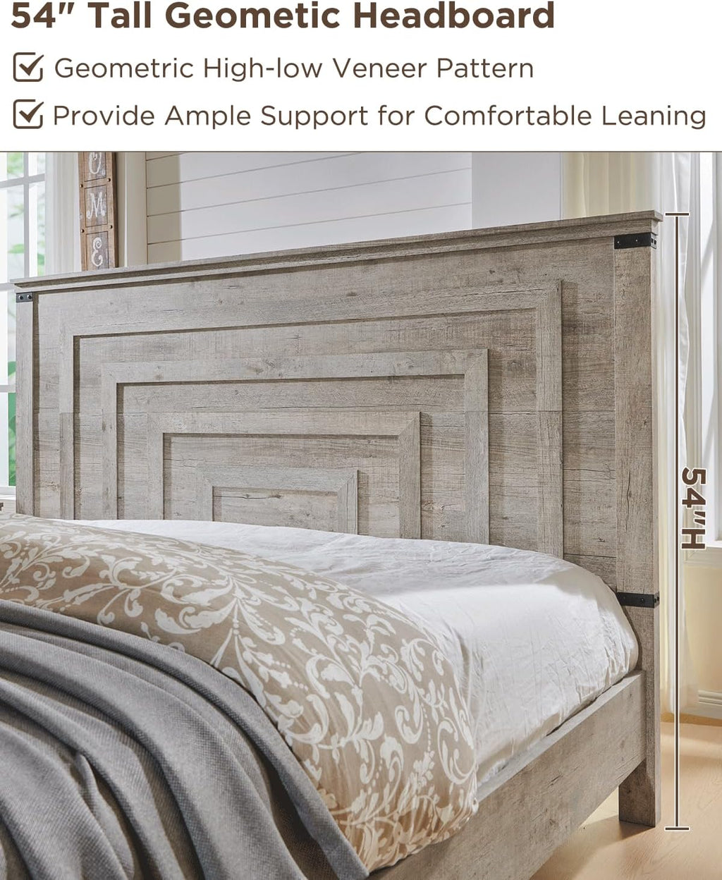 RedLemon Farmhouse Queen Size Wood Bed Frame with 54' Tall Geometric Headboard, 2 Large Storage Drawers, Solid Wood Slats Support, Noise Free, No Box Spring Needed, Light Rustic Oak