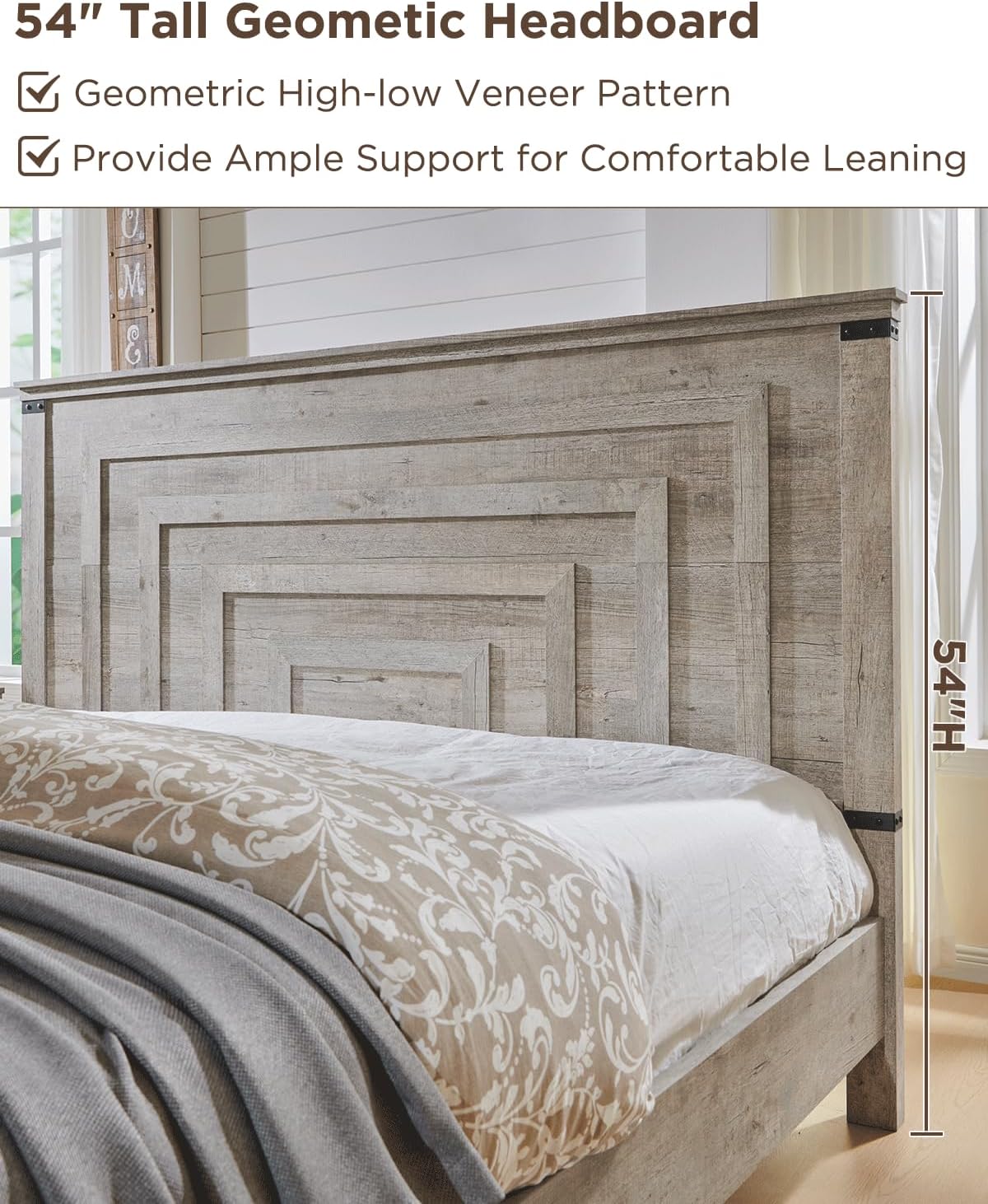 RedLemon Farmhouse Queen Size Wood Bed Frame with 54' Tall Geometric Headboard, 2 Large Storage Drawers, Solid Wood Slats Support, Noise Free, No Box Spring Needed, Light Rustic Oak