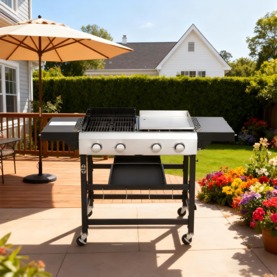 4 Burners Propane Gas Grill and Griddle Combo, 38,200 BTU, BBQ Grill with Plancha for Camping, 4 Wheels for Easy Moving, Fixed Shelf for Barbecue, Outdoor Patio Backyard Party, Stainless Steel Panel