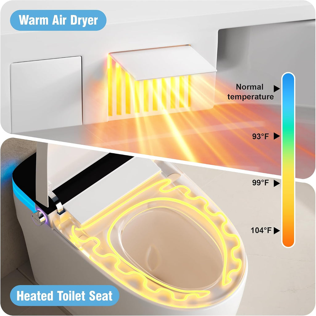 Luxury Smart Toilet, Elongated One Piece Toilet with Heated Seat, Dryer, Auto-Lift Lid, Soft Close, Night Light, Electric Tankless Bidet Toilets for Bathroom with Siphon Dual Flush 0.8/1.2 GPF