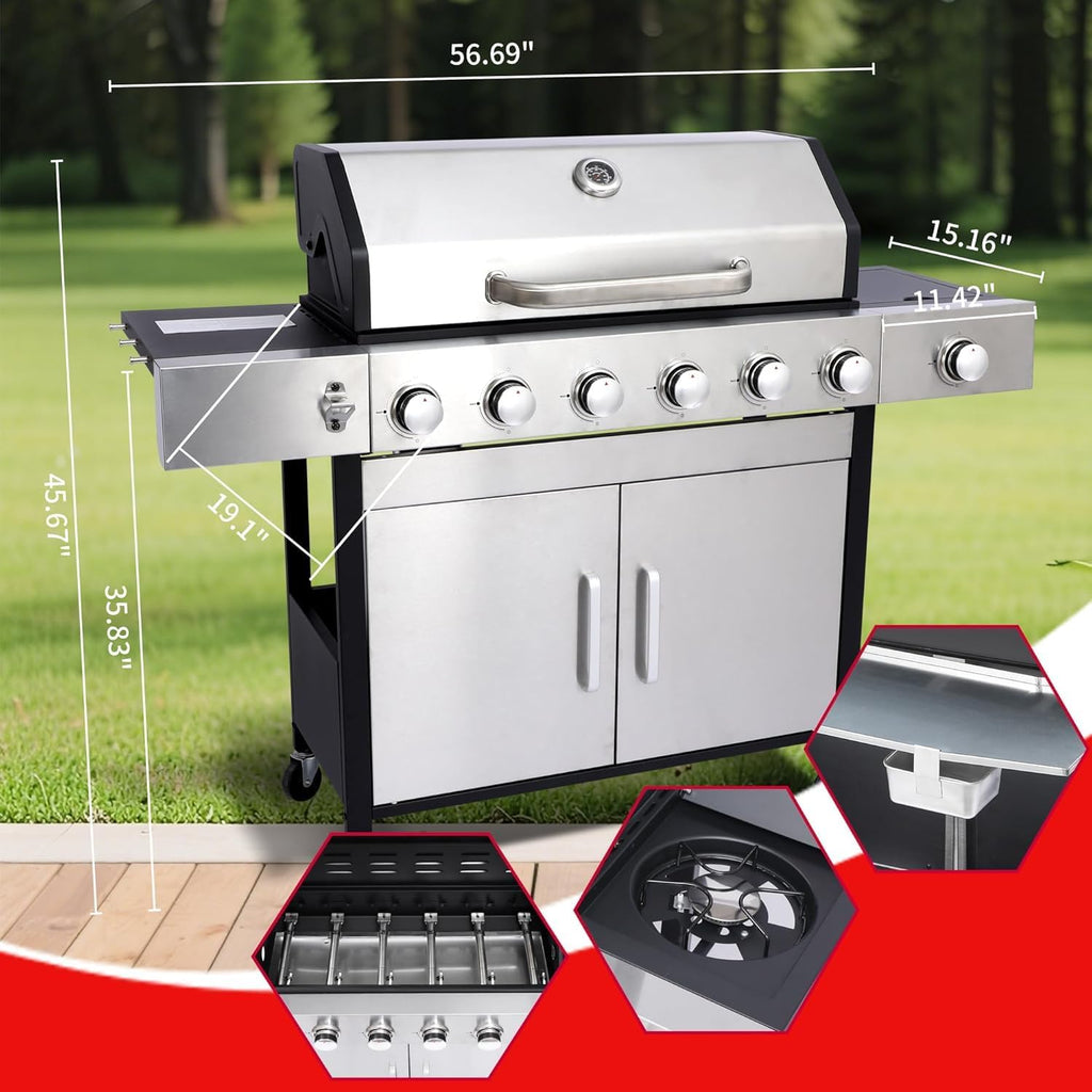 6-Burner Propane Gas BBQ Grill, Stainless Steel Propane Grill 36,900 BTU Outdoor Cabinet Style with Wheels, Wire Rack and Two Foldable Side Table for Outdoor Barbecue Cooking (6-Burner Grill,Silver)