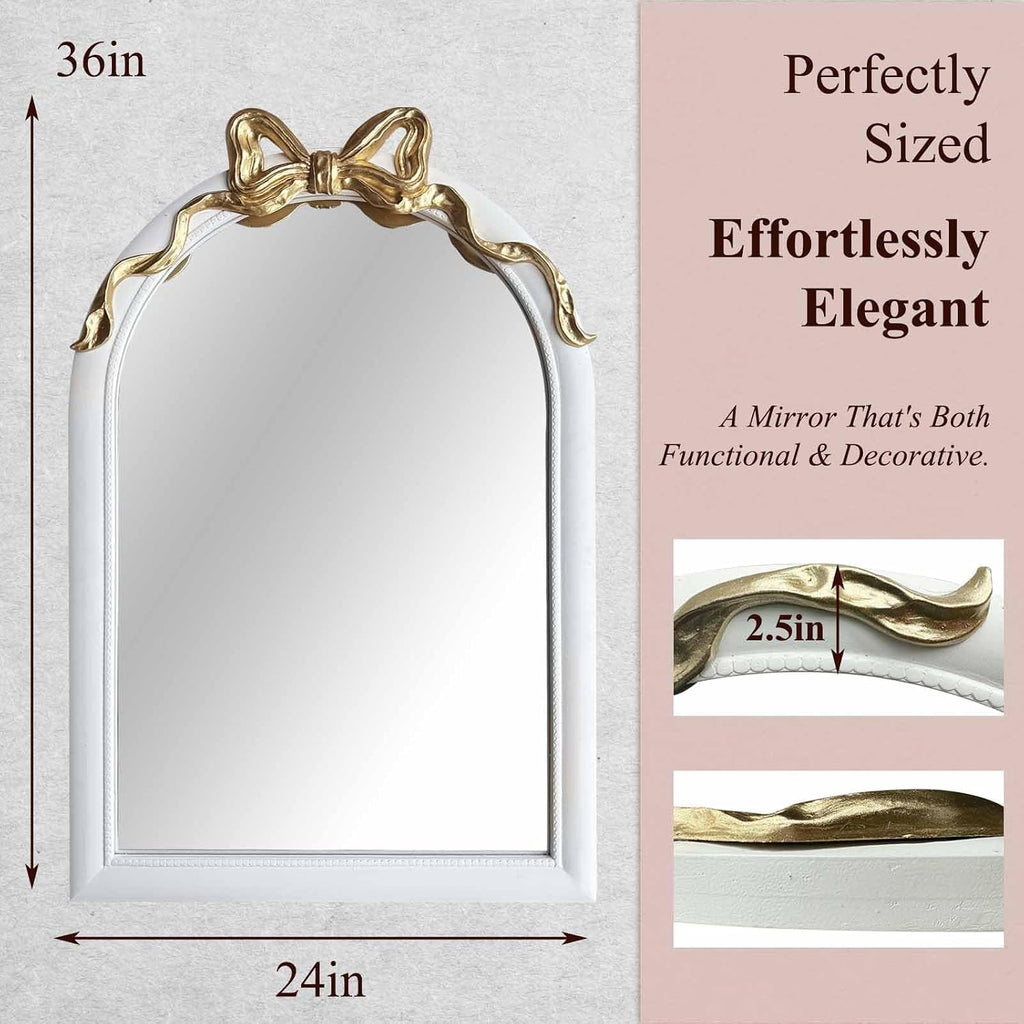 36x24 Arched White Bow Wall Mirror with Gold Ribbon, Vintage Vanity Mirror for Bedroom & Nursery Decor, Cute Coquette Aesthetic Engineered Wood Frame, Shabby Chic Style