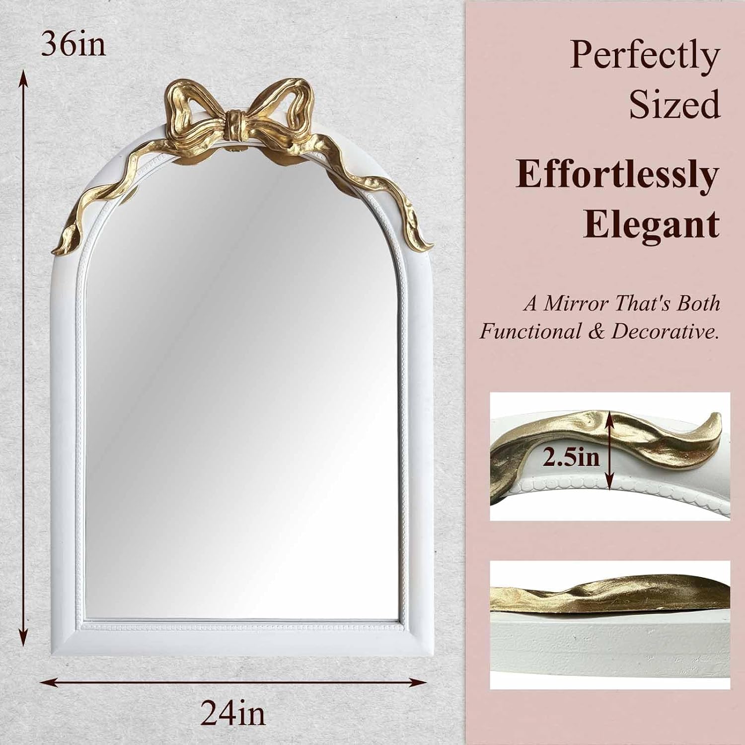 36x24 Arched White Bow Wall Mirror with Gold Ribbon, Vintage Vanity Mirror for Bedroom & Nursery Decor, Cute Coquette Aesthetic Engineered Wood Frame, Shabby Chic Style