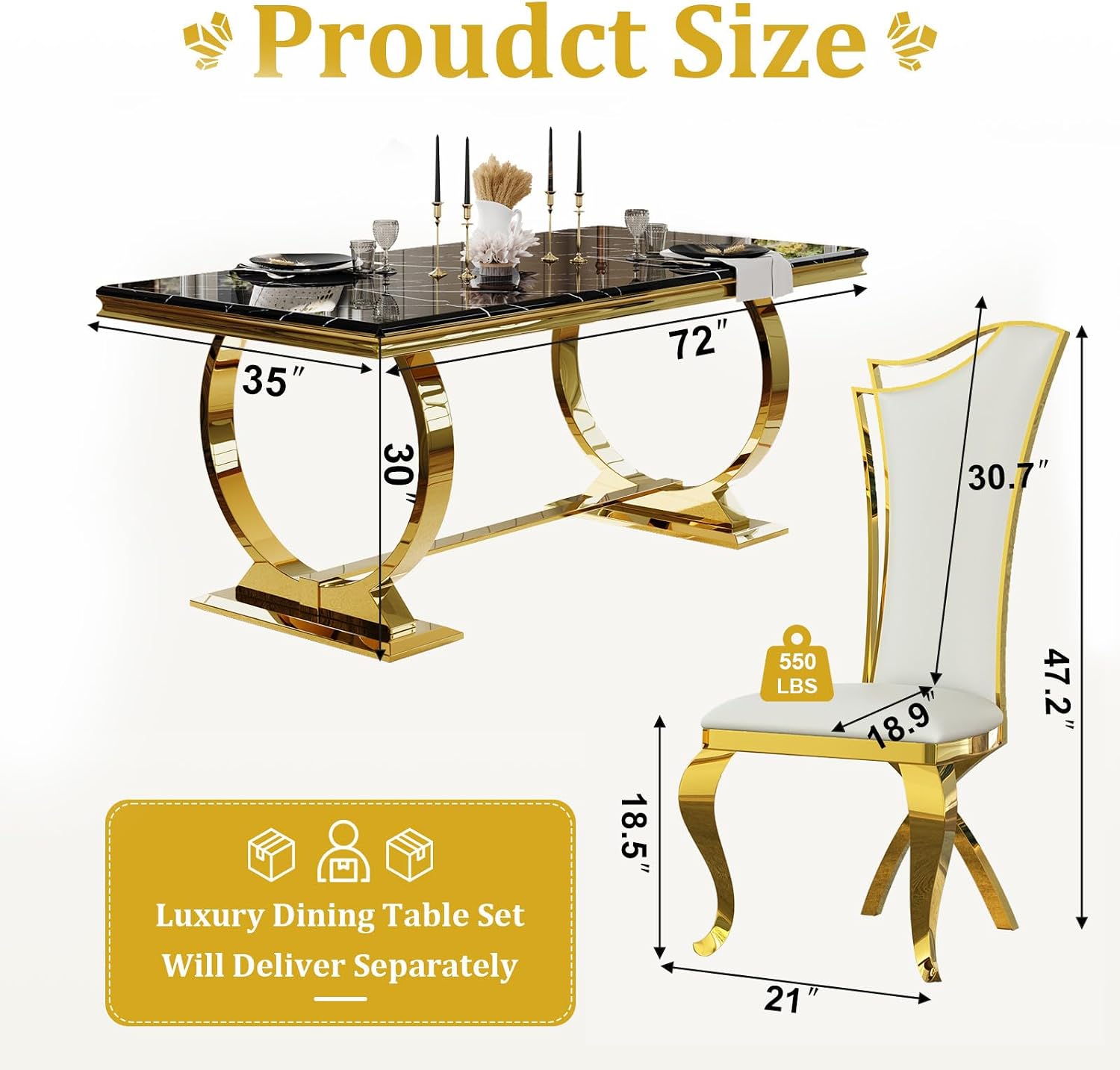 ACEDÉCOR 7 Piece Dining Table Set for 6, Gold Kitchen and Dining Room Table Set with U-Shaped Base Dining Table and 6 White Leather Upholstered Dining Chairs