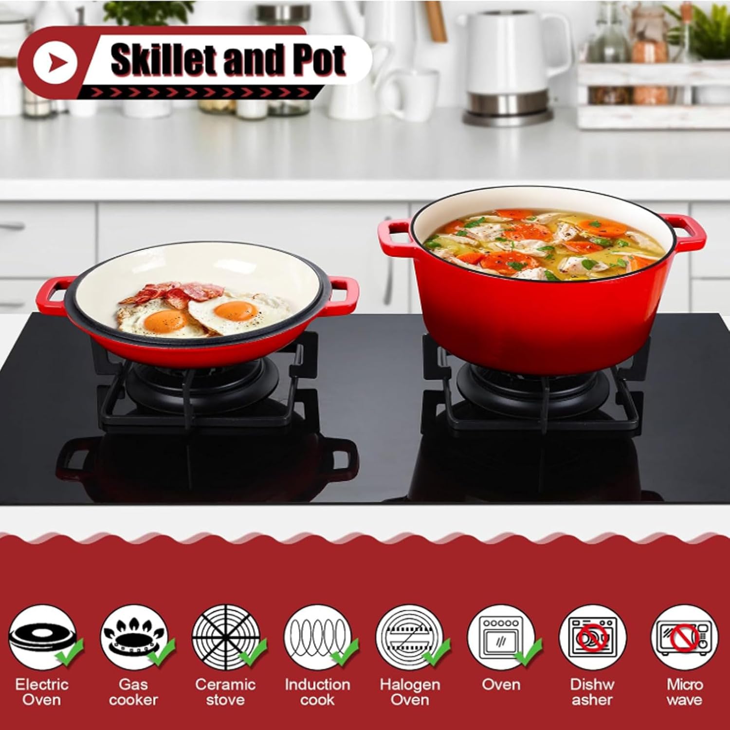 RiToEasysports Cast Iron Dutch Oven, Durable 4QT Round Braiser Pan with Lid for Family Cooking, Holiday Meals, Entertaining Friends