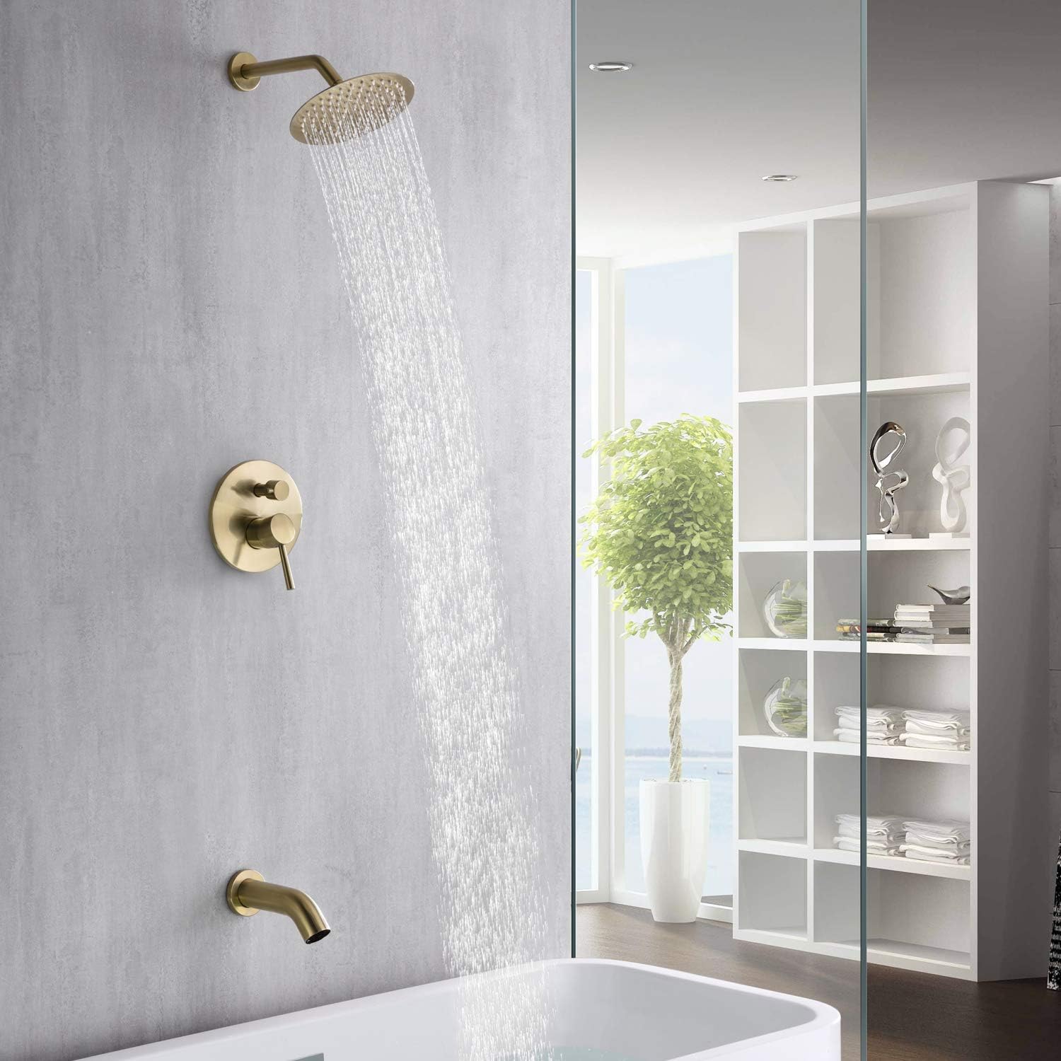 sumerain Shower and Tub Faucet Set Brushed Gold Rain Shower Faucet with Tub Spout, 8' Shower Head, High Flow