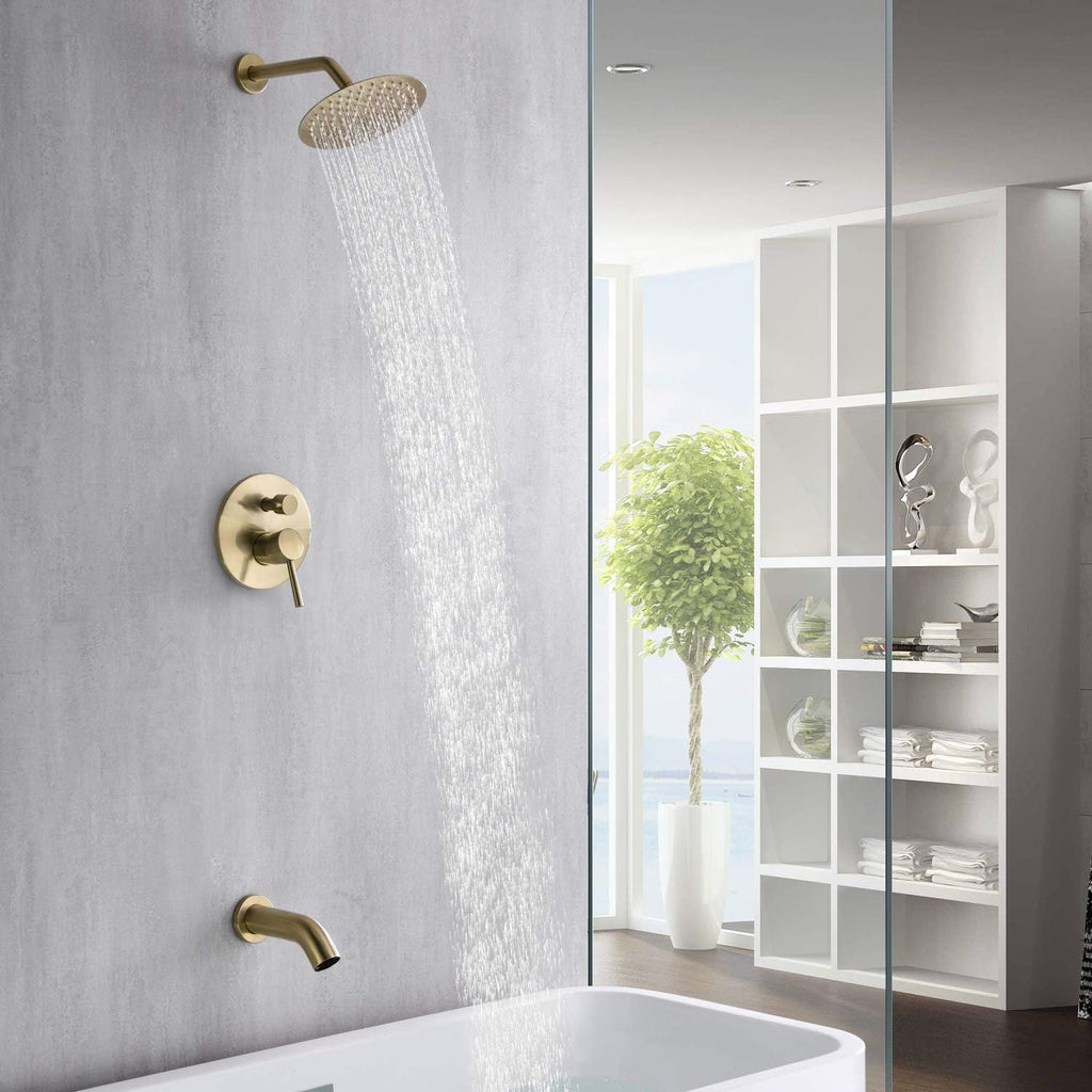 sumerain Pressure Balance Shower and Tub Faucet Set Brushed Gold with Tub Spout, 8' Shower Head, High Flow