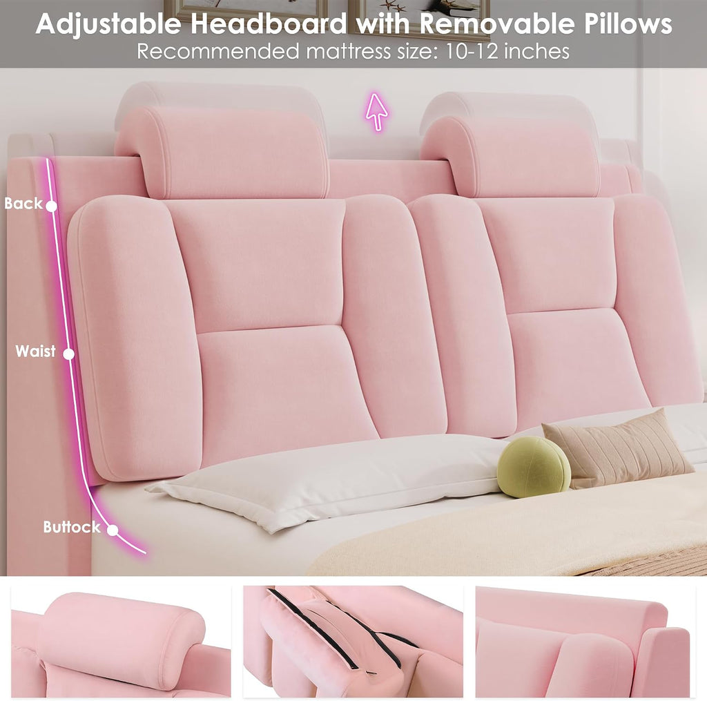 Keyluv Full Led Car Bed Frame with Wheels Decor & Adjustable Curved Headboard Modern Upholstered Platform Bed with Detachable Pillows Solid Wooden Slats Support No Box Spring Needed, Velvet Pink