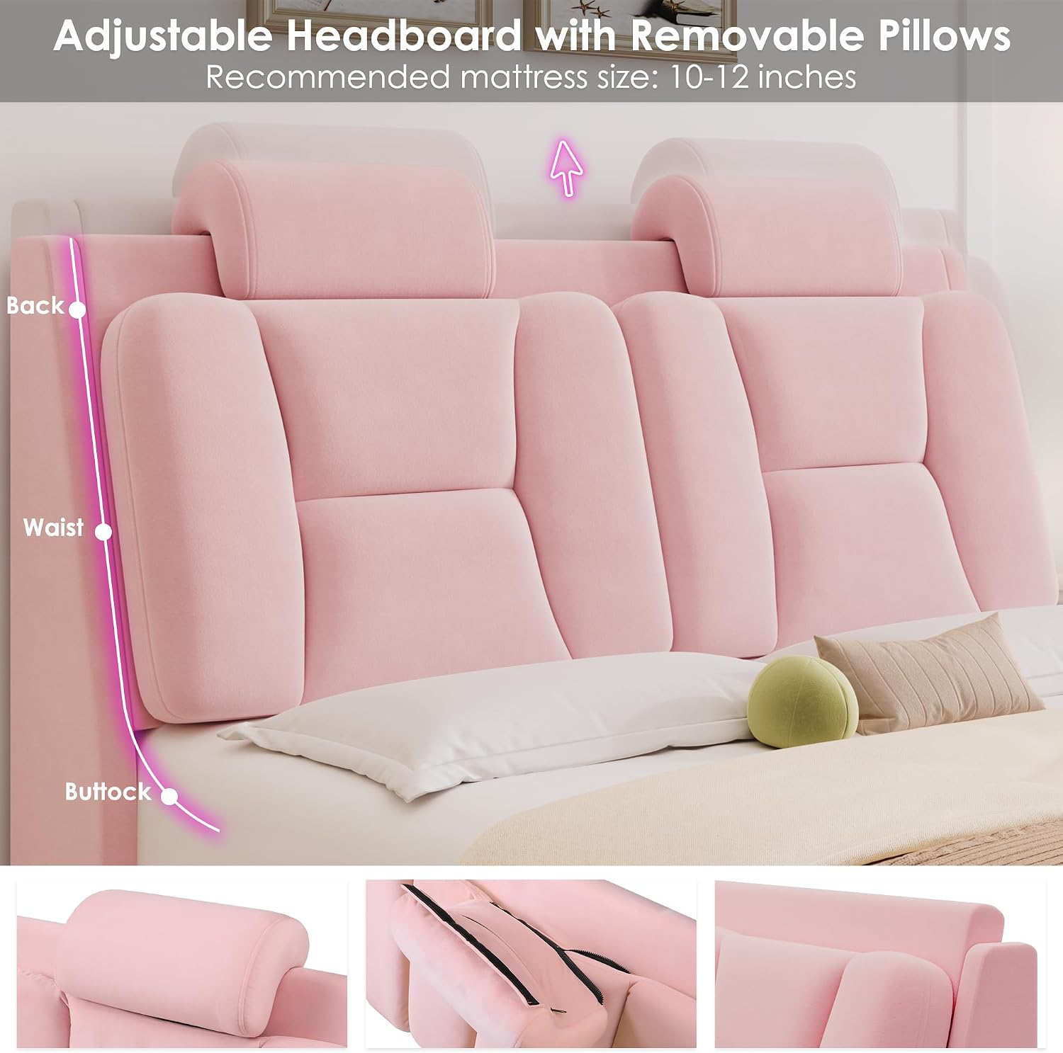 Keyluv Full Led Car Bed Frame with Wheels Decor & Adjustable Curved Headboard Modern Upholstered Platform Bed with Detachable Pillows Solid Wooden Slats Support No Box Spring Needed, Velvet Pink