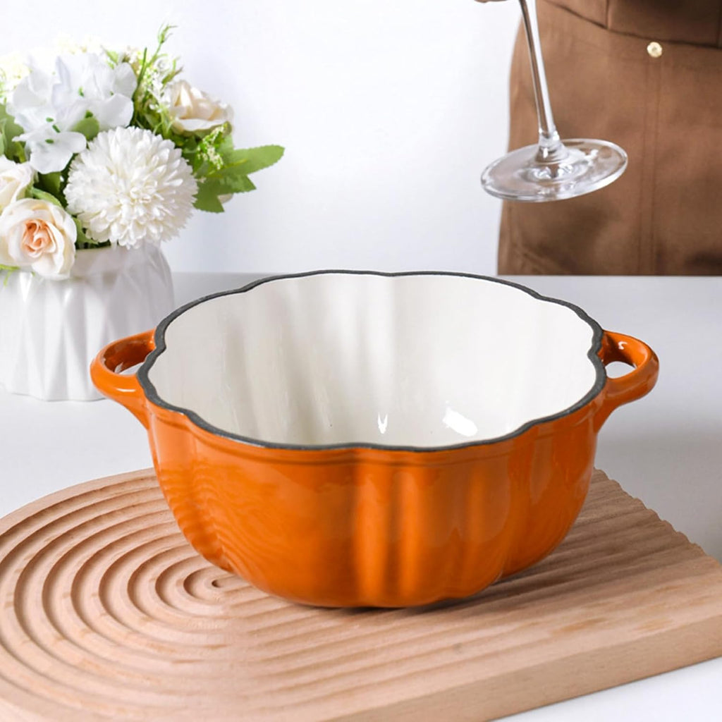 Enameled Cast Iron Dutch Oven with Lid Pumpkin Cocotte,Pumpkin Cast Iron Dutch Oven, Enameled Cast Iron Figural Pumpkin Braiser, Non-Stick Crock-Pot Stock Pot, 3-5 Servings, Halloween Thanksgiving,A