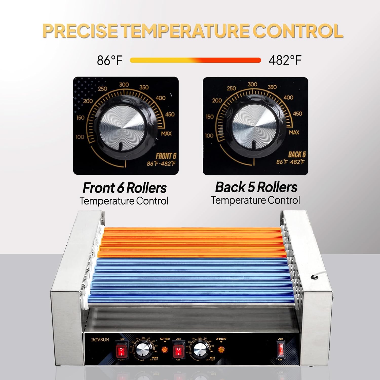 ROVSUN Hot Dog Roller, 30 Hot Dog 11 Rollers ETL Certified, Hot Dog Machine Sausage Grill Cooker with Dual Temp Control, Glass Cover, LED, Side Storage Box, Shelf & Drip Tray for Home Commercial 1650W