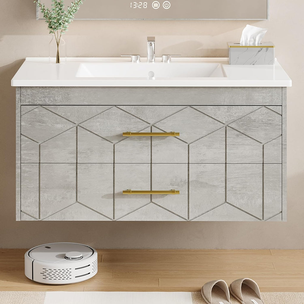 Garvee 36' Bathroom Vanity with Sink, Floating Bathroom Vanity with Ceramic Basin, 2 Large Storage Drawers with Gold Metal Handle, Modern Wall Mounted Bathroom Cabinet with Sink, Grey