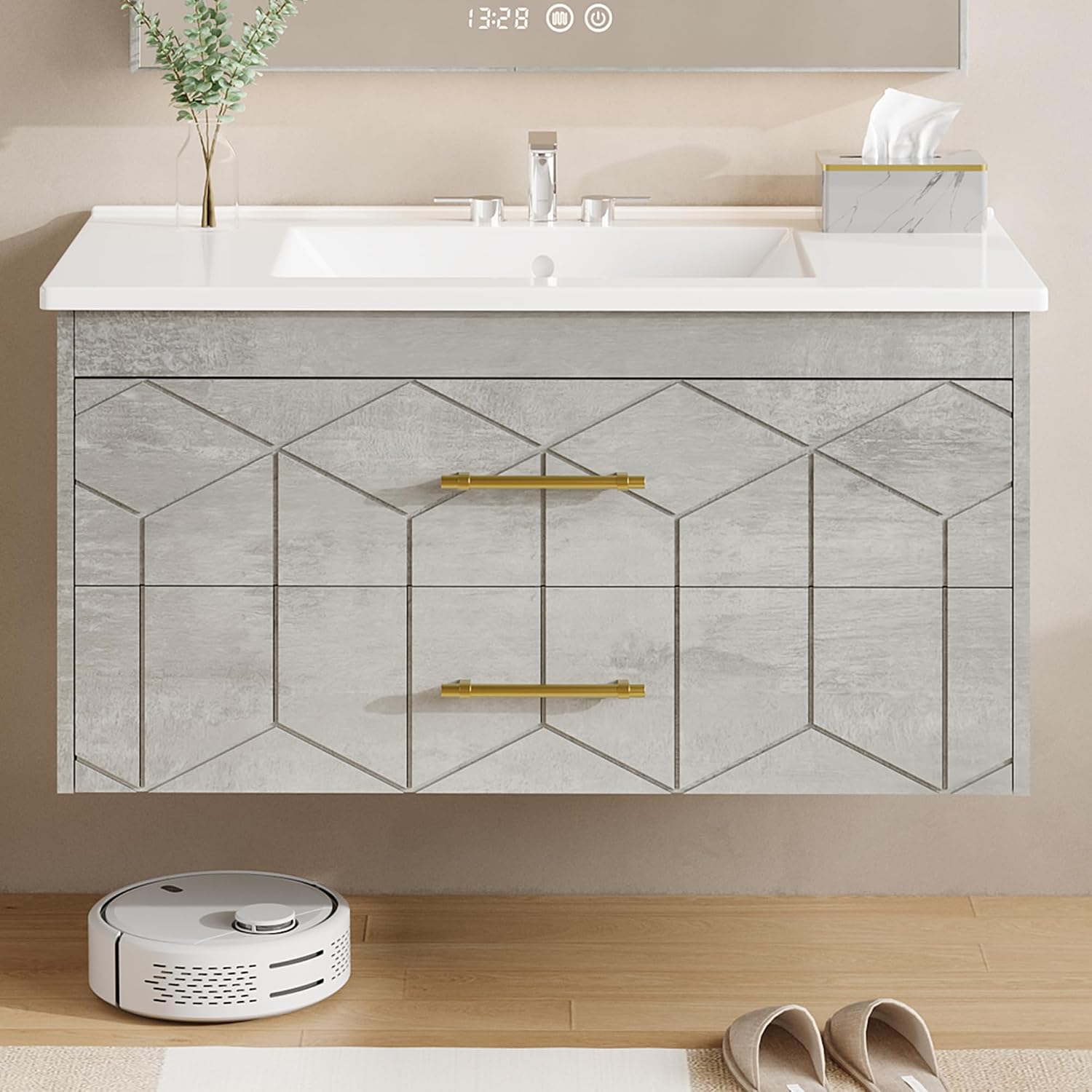 Garvee 36' Bathroom Vanity with Sink, Floating Bathroom Vanity with Ceramic Basin, 2 Large Storage Drawers with Gold Metal Handle, Modern Wall Mounted Bathroom Cabinet with Sink, Grey