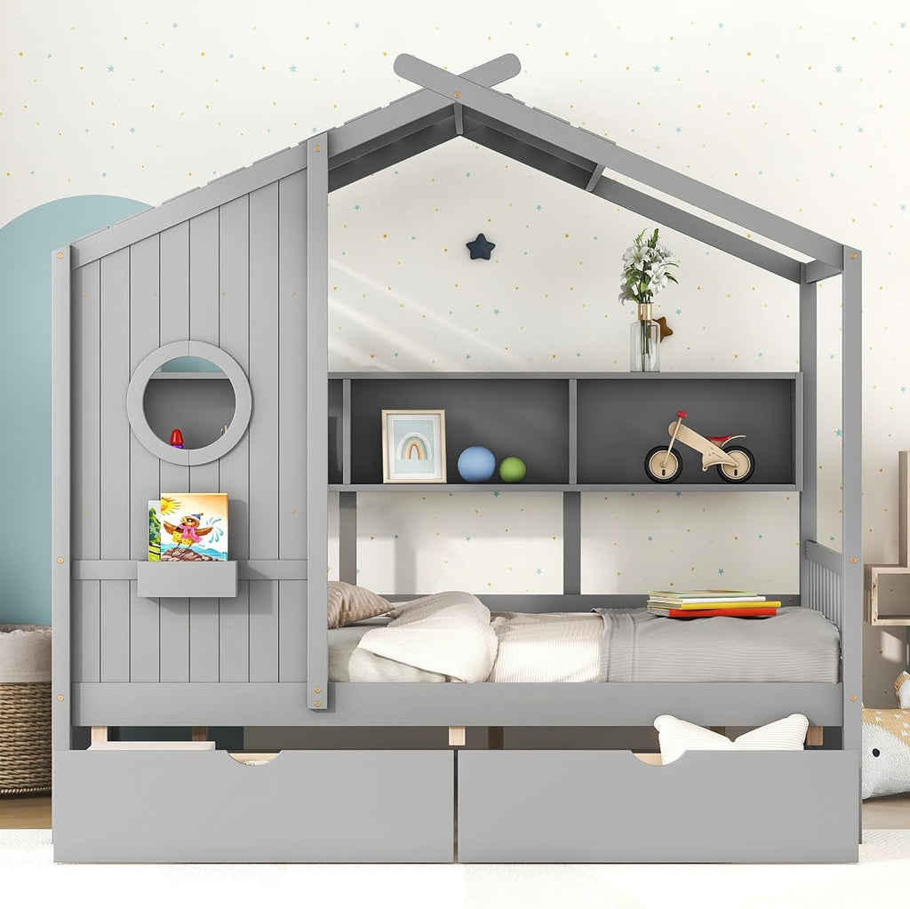 VilroCaz Full Size House Bed with 2 Drawers and Storage Shelf, Playhouse Design Solid Wood Kids Platform Bed Frame for Girls Boys, Decorable Daybed with Sturdy Slats Support, Space-Saving (AF-Gray)