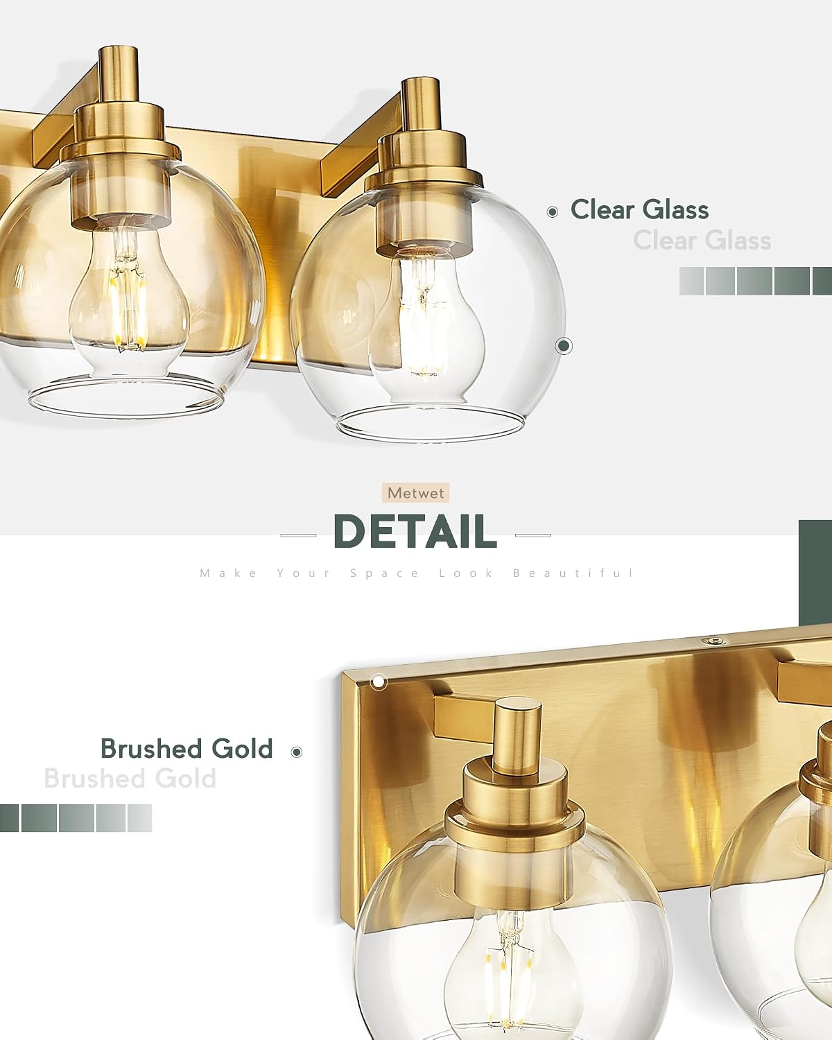 Bathroom Light Fixtures, 6 Light Brushed Gold Vanity Light, 38 Inch Modern Wall Sconces with Globe Clear Glass Shade, Vanity Lighting Fixtures Over Mirror, VL195-BG-6
