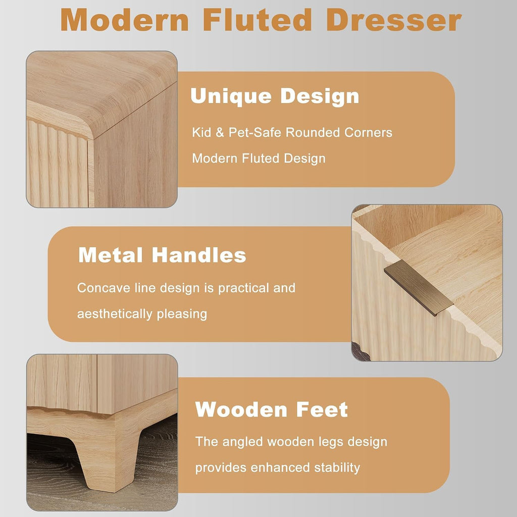 7 Drawer Dresser and 2 Nightstand Sets for Bedroom 3 Pcs Bedroom Set, Modern 47.2' Fluted Dresser with Metal Handles Nightstand Charging Station, Bedroom Furniture Set for Living Room, Natural