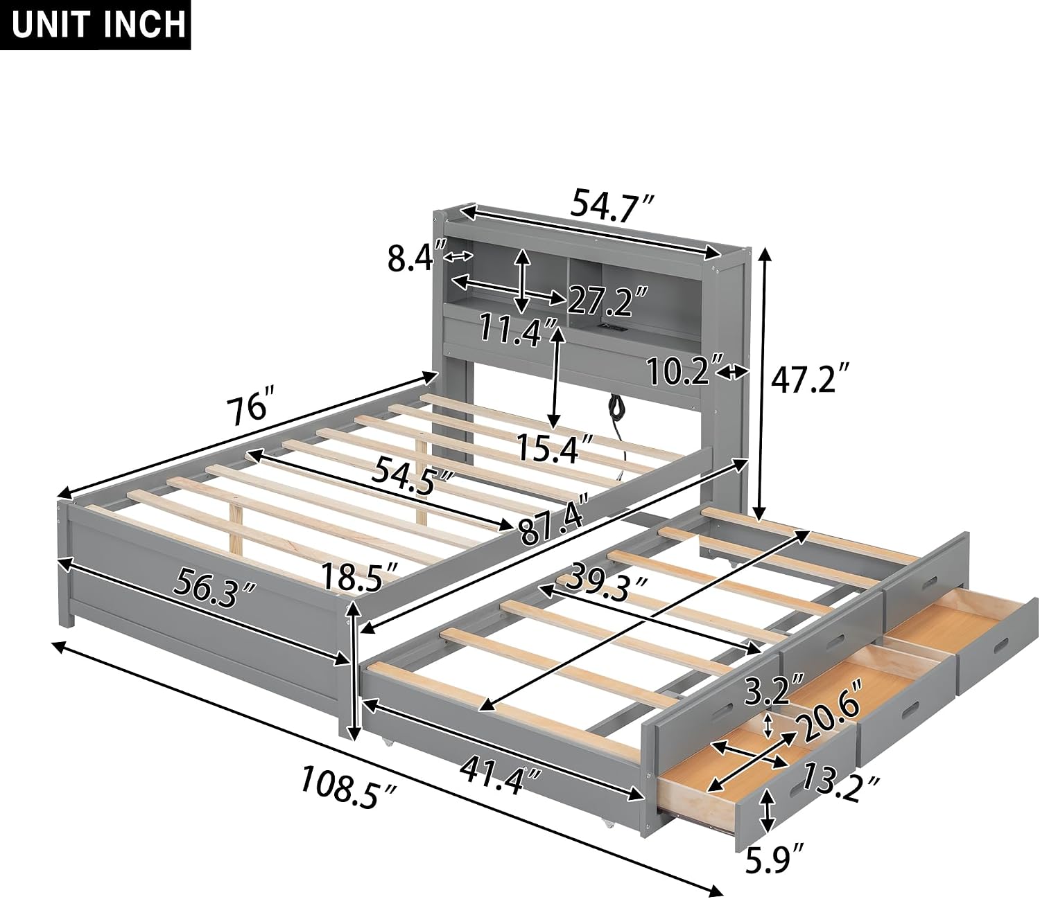 SOFTSEA Full Size Bed Frame with Storage Headboard Wood Platform Bed with Trundle and USB Plugs