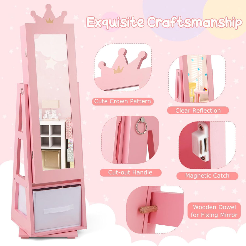 Costzon Kids Vanity & Jewelry Armoire Cabinet, Kids Makeup Vanity Table and Chair Set, 360° Swivel Standing Jewelry Organizer with Full-Length Mirror, Kids Bedroom Furniture Set for Girls (Pink)