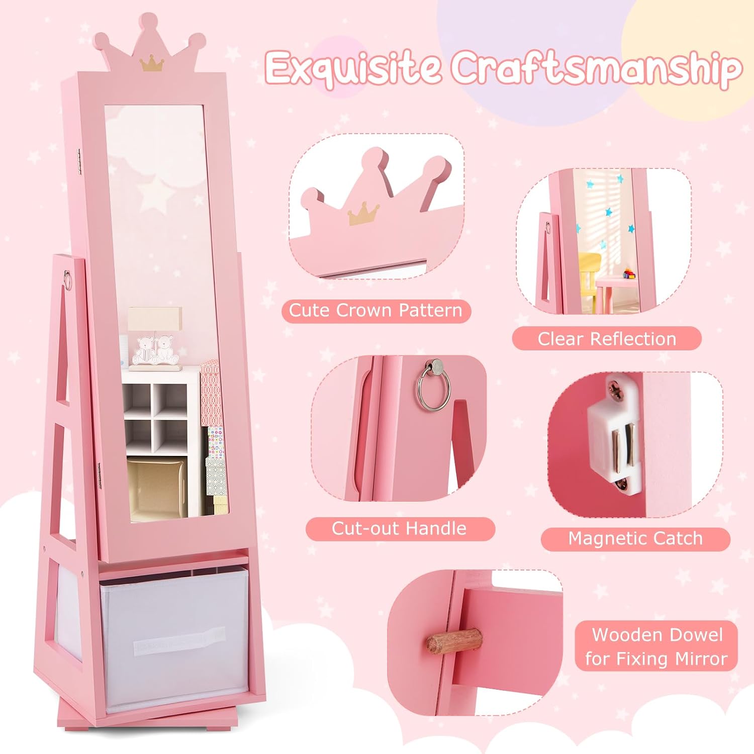 Costzon Kids Vanity & Jewelry Armoire Cabinet, Kids Makeup Vanity Table and Chair Set, 360° Swivel Standing Jewelry Organizer with Full-Length Mirror, Kids Bedroom Furniture Set for Girls (Pink)