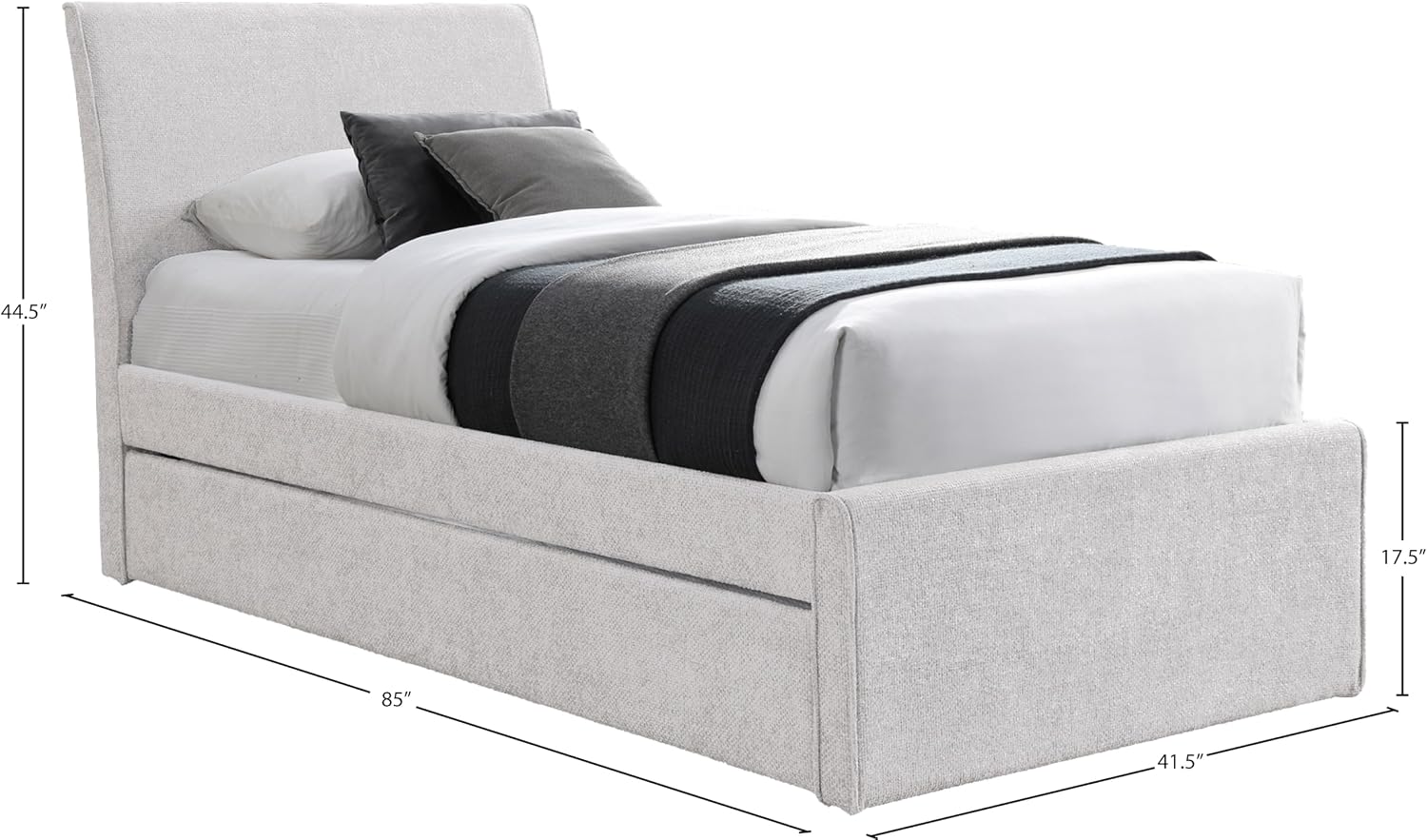 Meridian Furniture B1262Cream-T Myles Collection Modern | Contemporary Twin Trundle Bed with Soft Cream Chenille Cross Hatched Fabric, 41.5' W x 85' D x 44.5' H, Cream, Twin